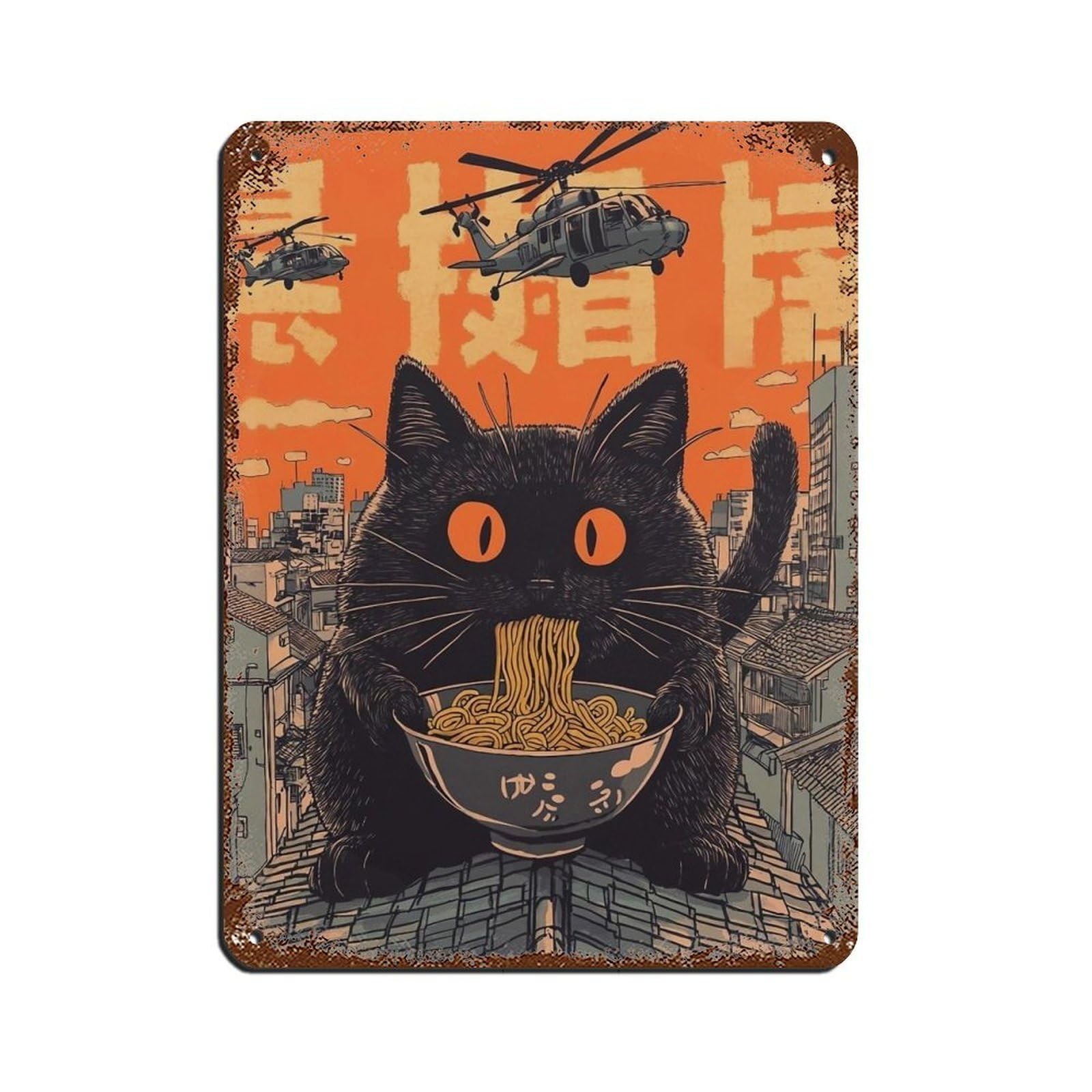 Quirky Black Cat Eating Noodles Art Poster Retro Poster Metal Tin Sign Chic Art Retro Iron Painting Bar People Cave Cafe Family Garage Poster Wall Decoration 12x16inch(30x40cm)