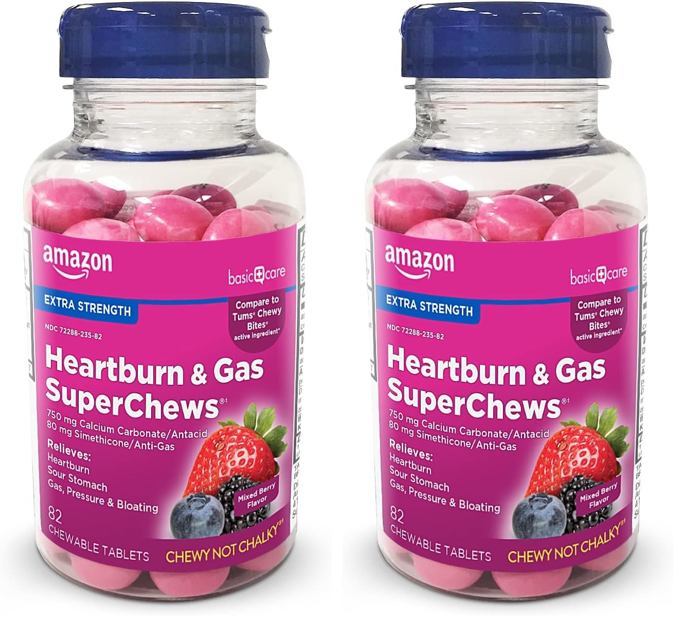 Amazon Basic Care Heartburn & Gas SuperChews Chewable Tablets, Mixed Berry, 82 Count (Previously SoundHealth) (Pack of 2)