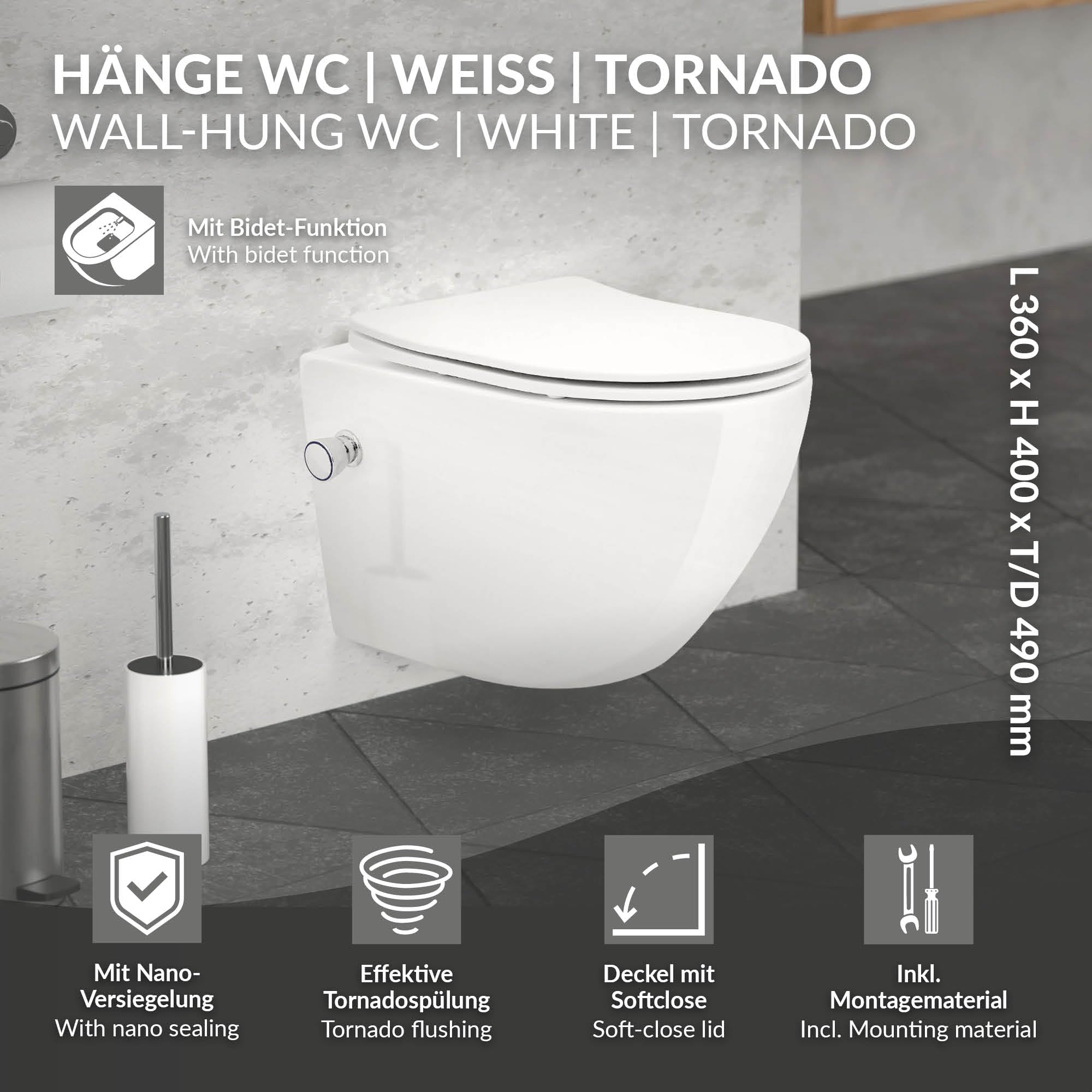 LuxeBath WC Suspendido con Función Bidé Blanco Brillante de Cerámica sin Borde, Inodoro Colgante Corto 49 cm con Nanorecubrimiento Descarga Profunda de Tornado para Baño, Wáter con Asiento Extraíble