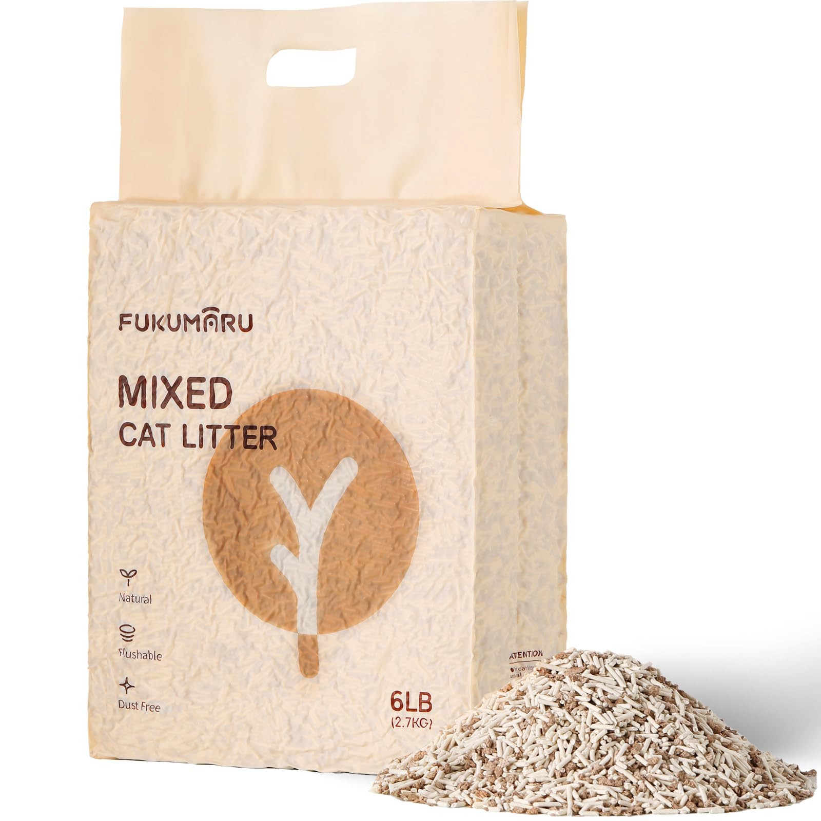 FUKUMARU Tofu Cat Litter, 6 LBS Clumping Cat Litter, Dust Free Unscented Flushable Tofu Litter, Natural, Lightweight and Low Tracking Kitty Litter