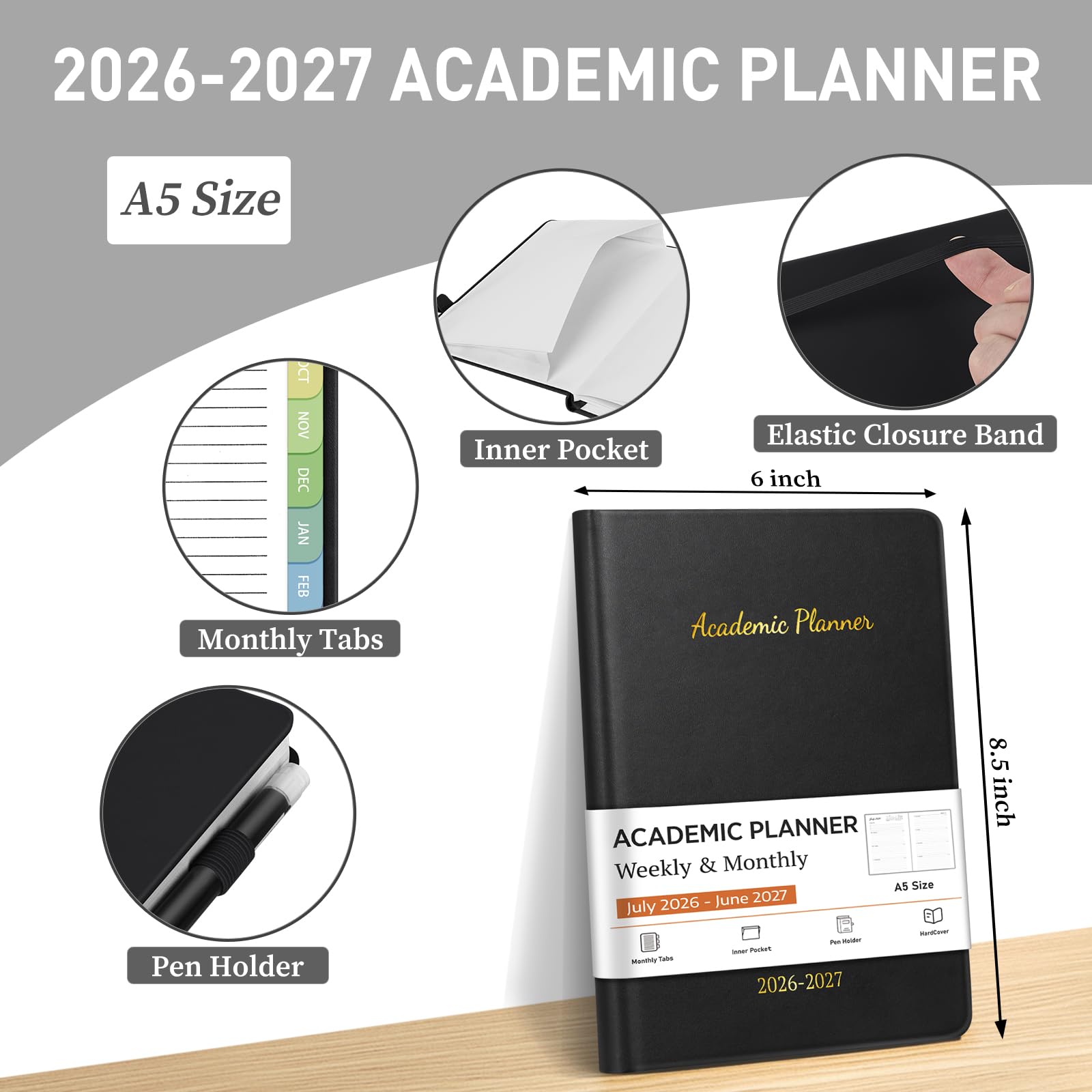 Agenda accademica 2026-2027, luglio 2026 - giugno 2027, con linguette colorate | Agenda settimanale e mensile per anno accademico, copertina rigida, agenda giornaliera per scuola e ufficio, nero