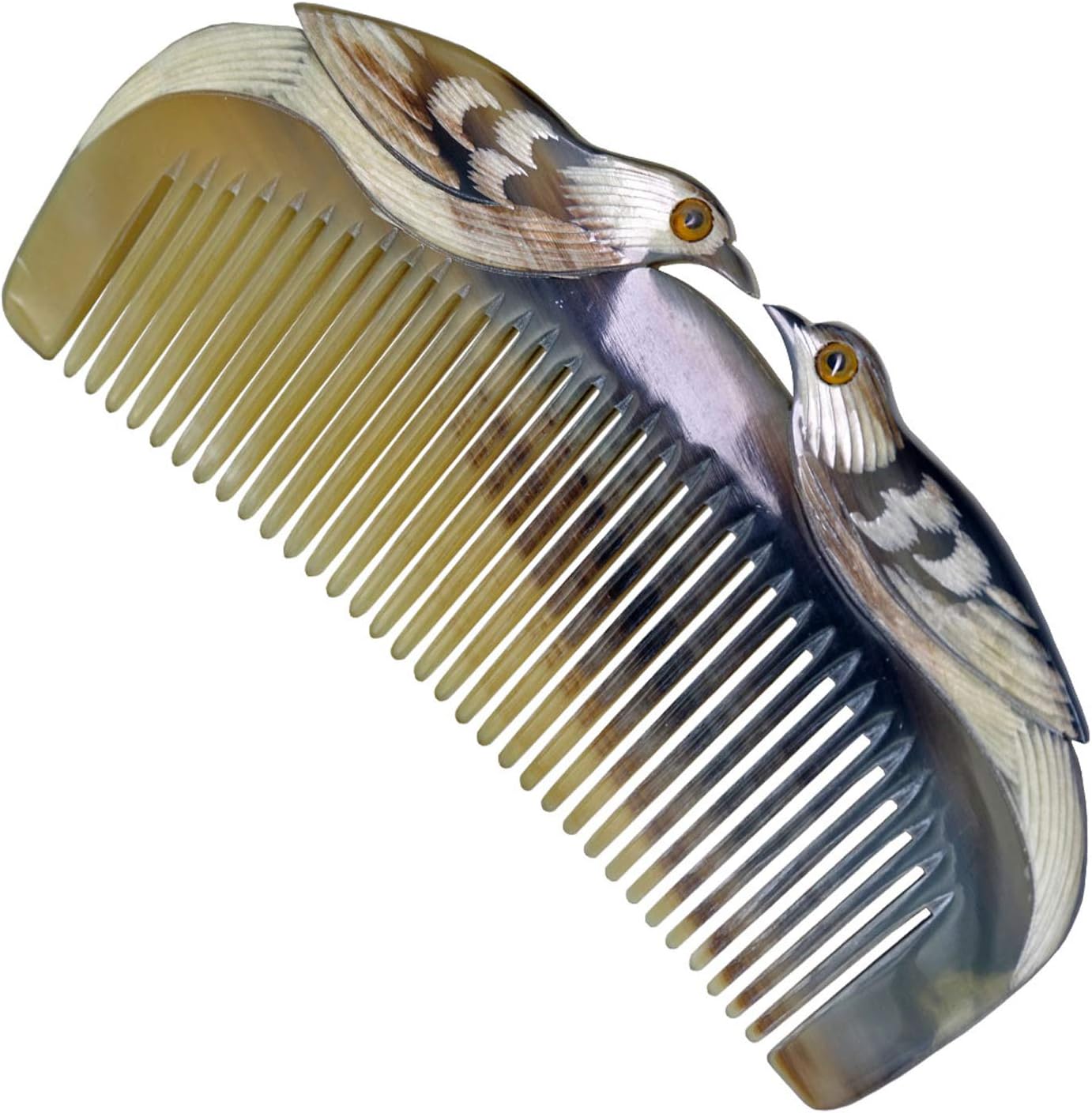 Ox Horn Comb - Anti-Static Pocket Comb with Love Bird Engraving - Multicolor