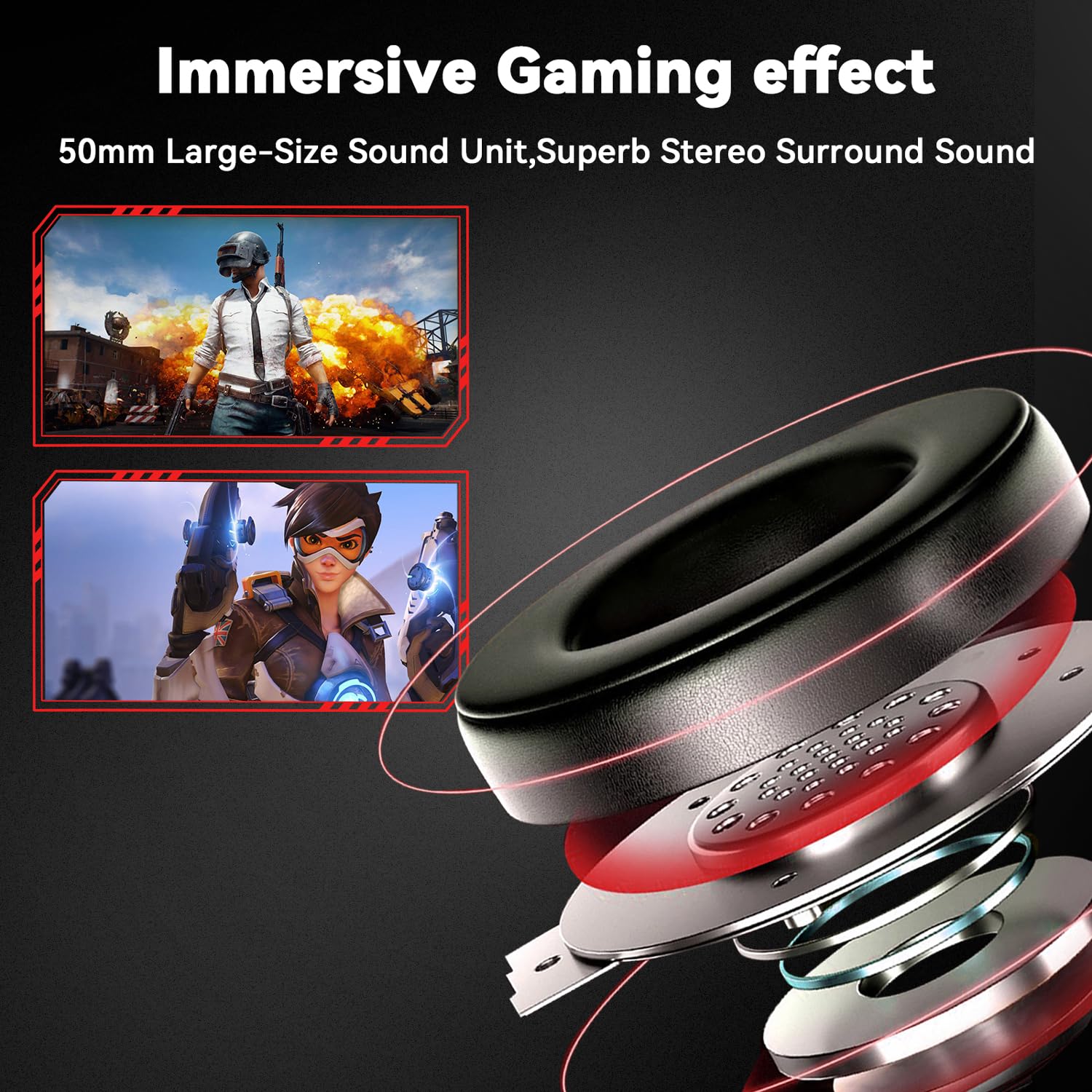 Jimonyer Zestaw słuchawkowy do gier z mikrofonem do PC/PS4/PS5/Xbox/Nintendo Switch, stereo Surround Sound Gaming Headset Xbox One z redukcją szumów, elastyczny mikrofon, światło RGB (czerwony)