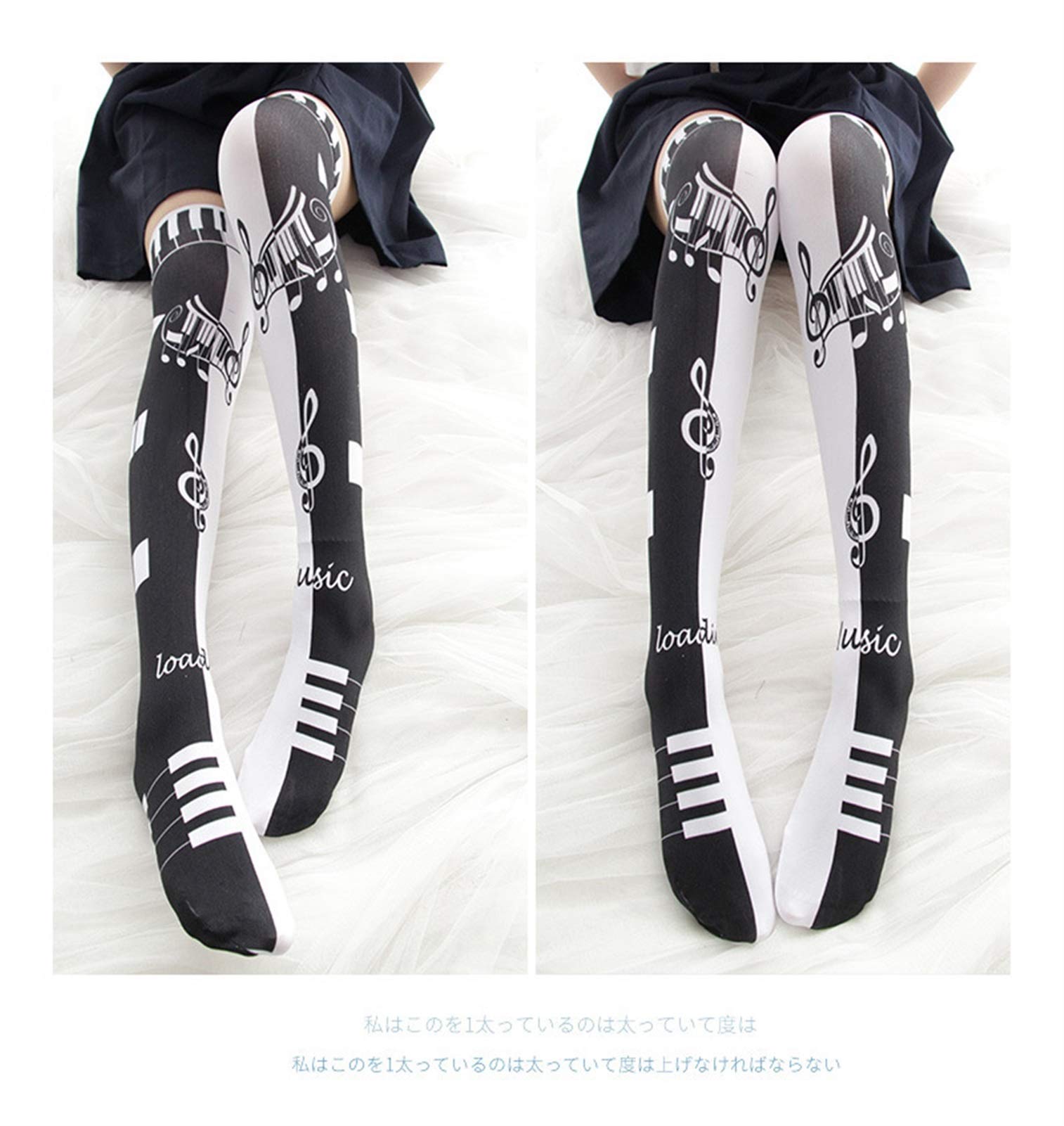 Original Lolita Black White Key Note Drucken High Socken Langlauf-Knie-Socks Warm (Color : Black)