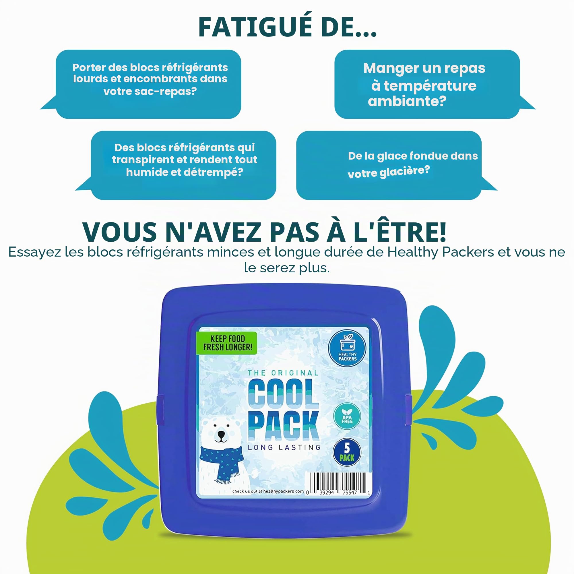 [Nouveau] de froid, FIN et réutilisable Lot de glace pour Lunch Box – congélateur froid Packs pour sac isotherme et boîtes repas – Original Formule longue tenue – (lot de 5), couleur
