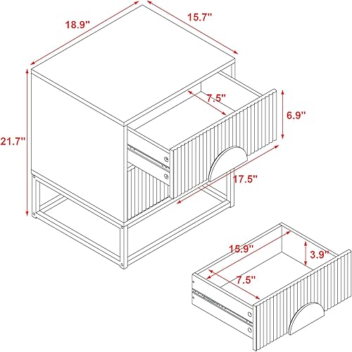 Miniatura 3 de conifferism Mesita de noche negra con 2 cajones, mesita de noche moderna para dormitorio con patas de metal, mesa auxiliar acanalada para espacios