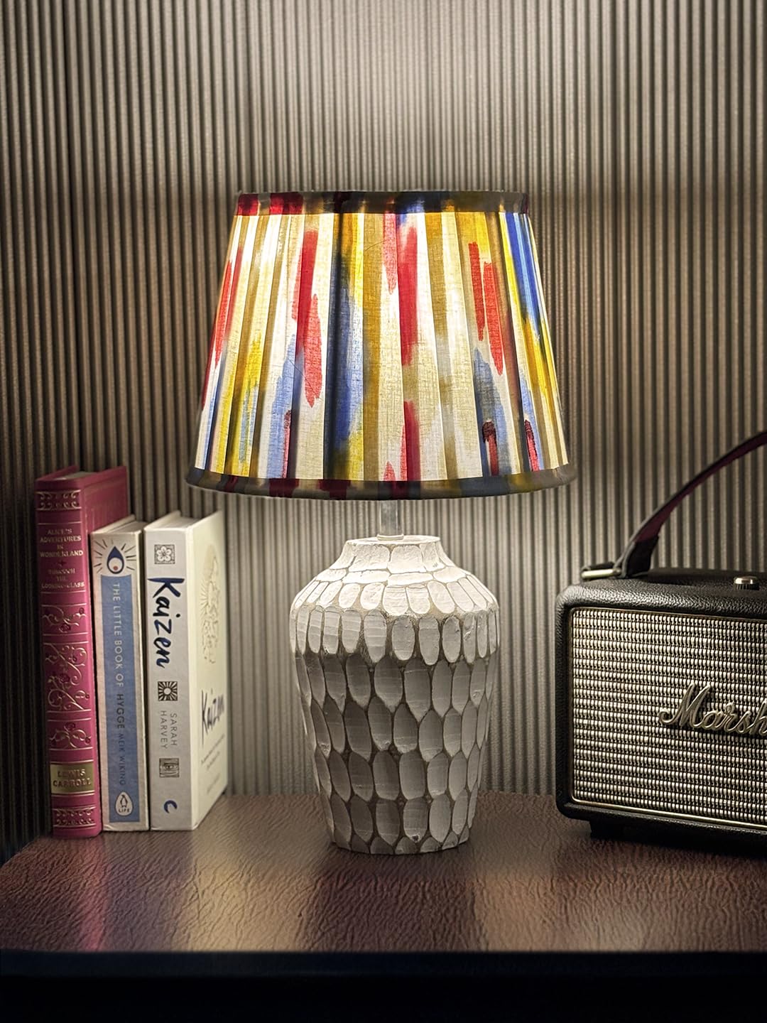 Green Girgit Wooden Chipped Distress White Table Lamp with Pleeted Multicolor Yellow Shade, Bedside Night Lamp, Modern LED Ambient Lighting, E27 Bulb Compatible, Corded Electric, 6.5X9X14 inches-image-4