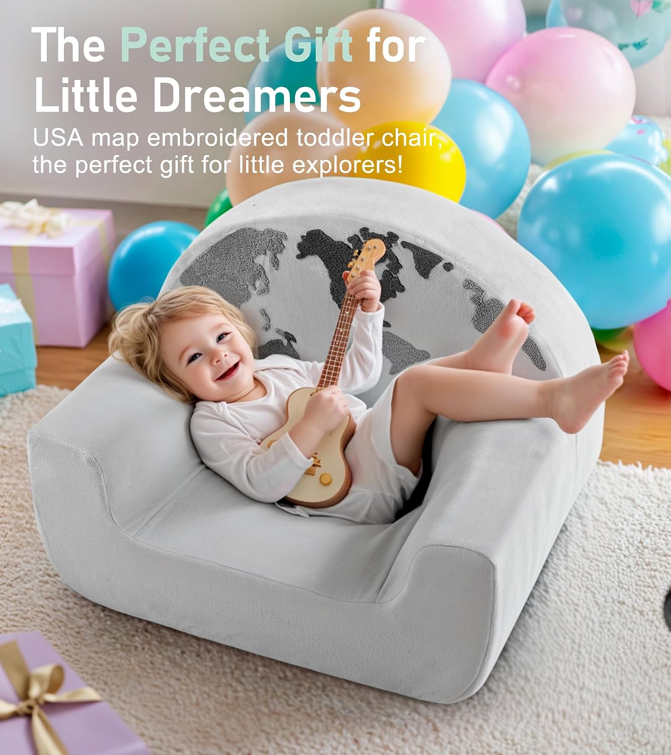 Kids Chair Comfy, Snuggly-Soft Toddler Armchair, Cuddly Kids Foam Chair for Boys and Girls, Portable Toddlers Reading Chairs, Toddler Chairs Comfy 1-3 Years Old, Colorful US Map Design, Grey