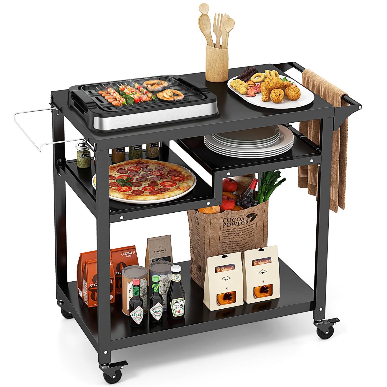 SFAREST Outdoor Grill Cart, Movable Pizza Oven Table BBQ Trolley with 4 Hanging Hooks & 4 Lockable Casters, Metal Garden Serving Cart for Patio Backyard (111 x 50 x 93 cm)