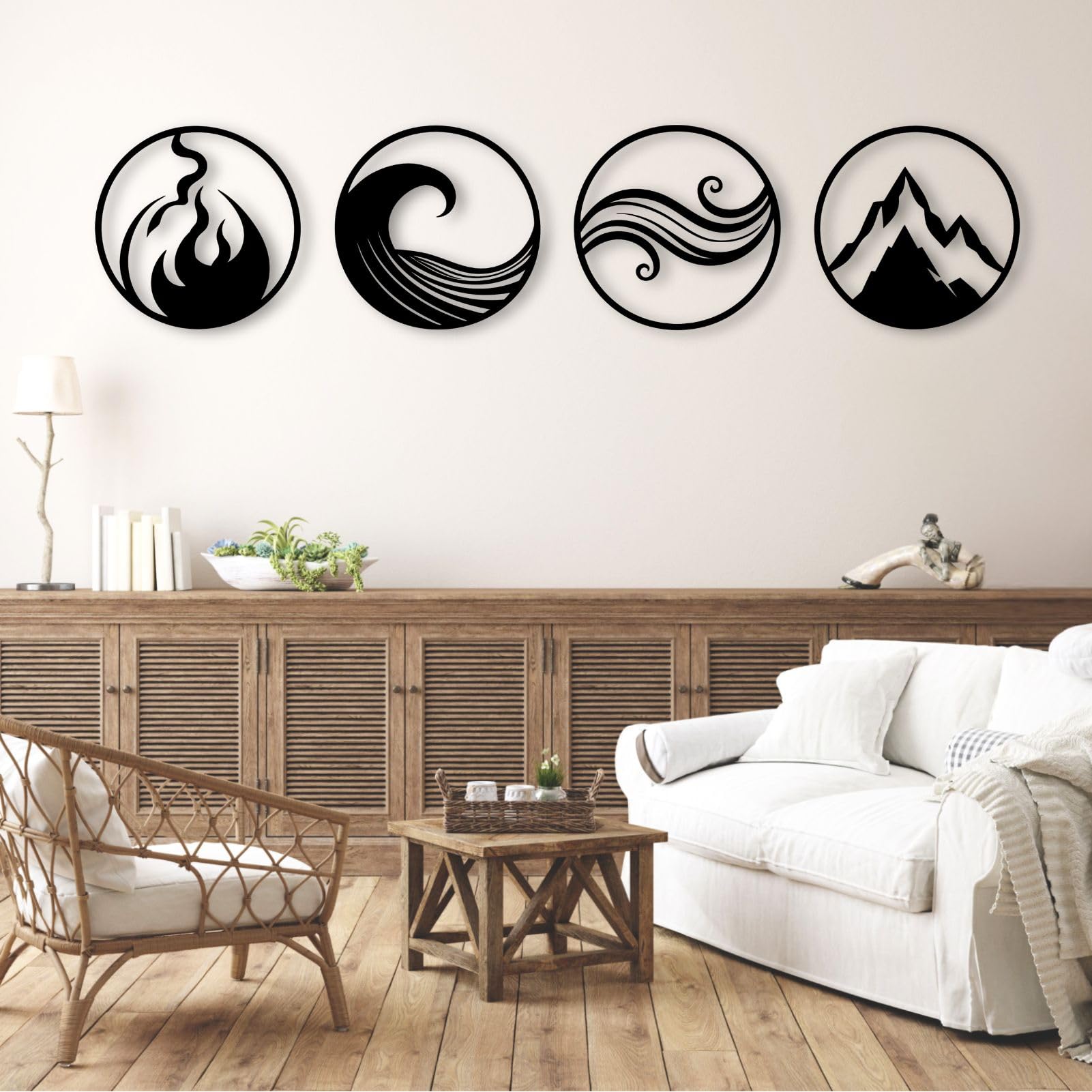 Décoration murale en métal des 4 éléments noir 47x190cm pour salon