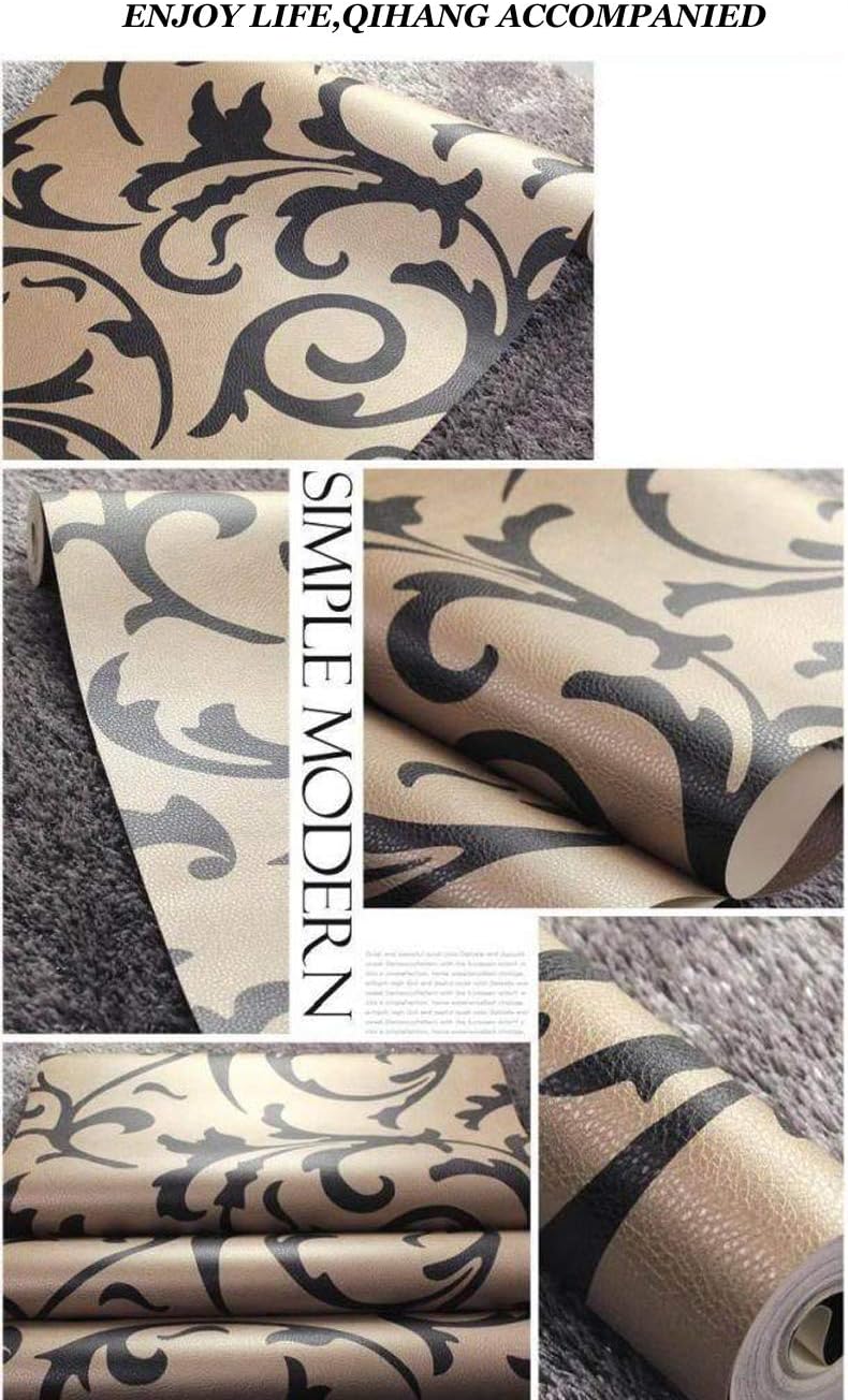 Q QIHANG Black Victorian Damask/Simulation Striped PVC Non-Pasted Living Room TV Background Wallpaper Roll 1.73'W x 32.8'L