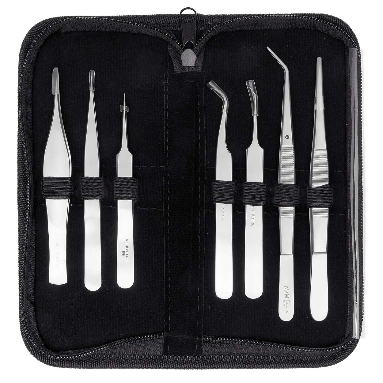 Set di pinzette industriali e tecniche, diritte e curve, in acciaio inox, 7 pezzi, con custodia