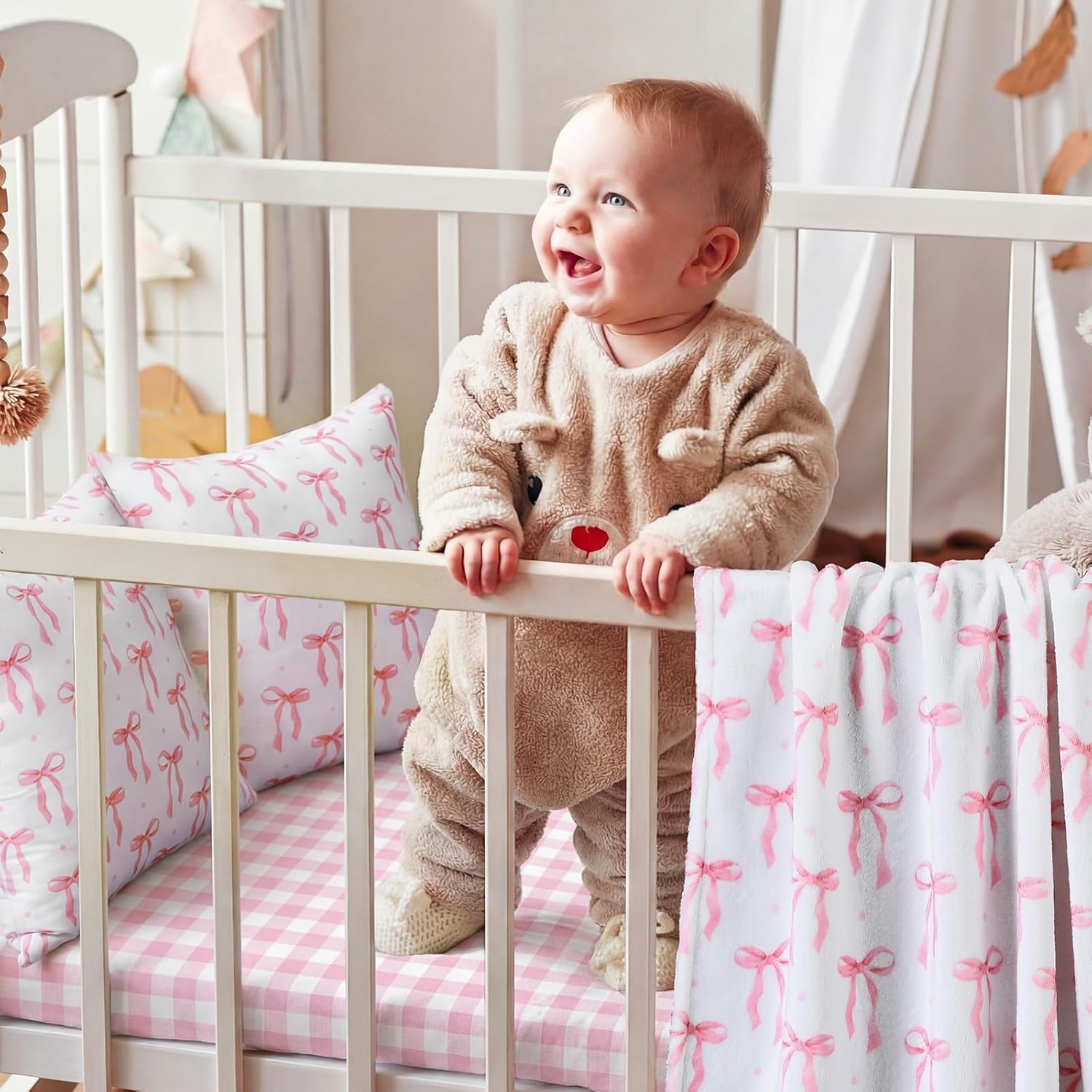 3 Piece Pink Bow Crib Bedding Set for Baby Girls - Soft Flannel Blanket Fitted Grid Crib Sheet Pillow Cover Coquette Nursery Decor Newborn Gift
