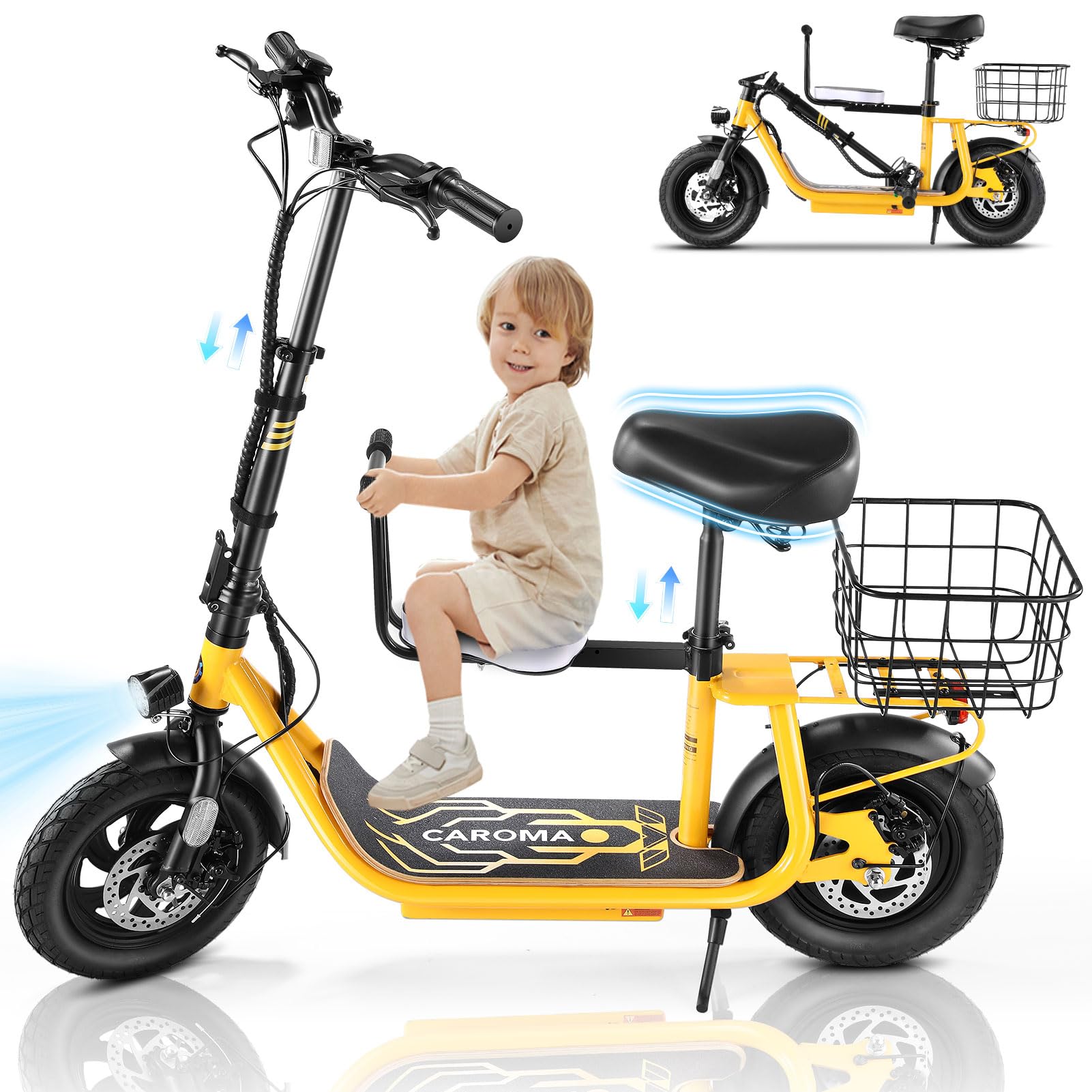Caroma 1200W Peak Electric Scooter with Seats 30 Miles Max Range Electric Scooter with Child Seat 20mph Top