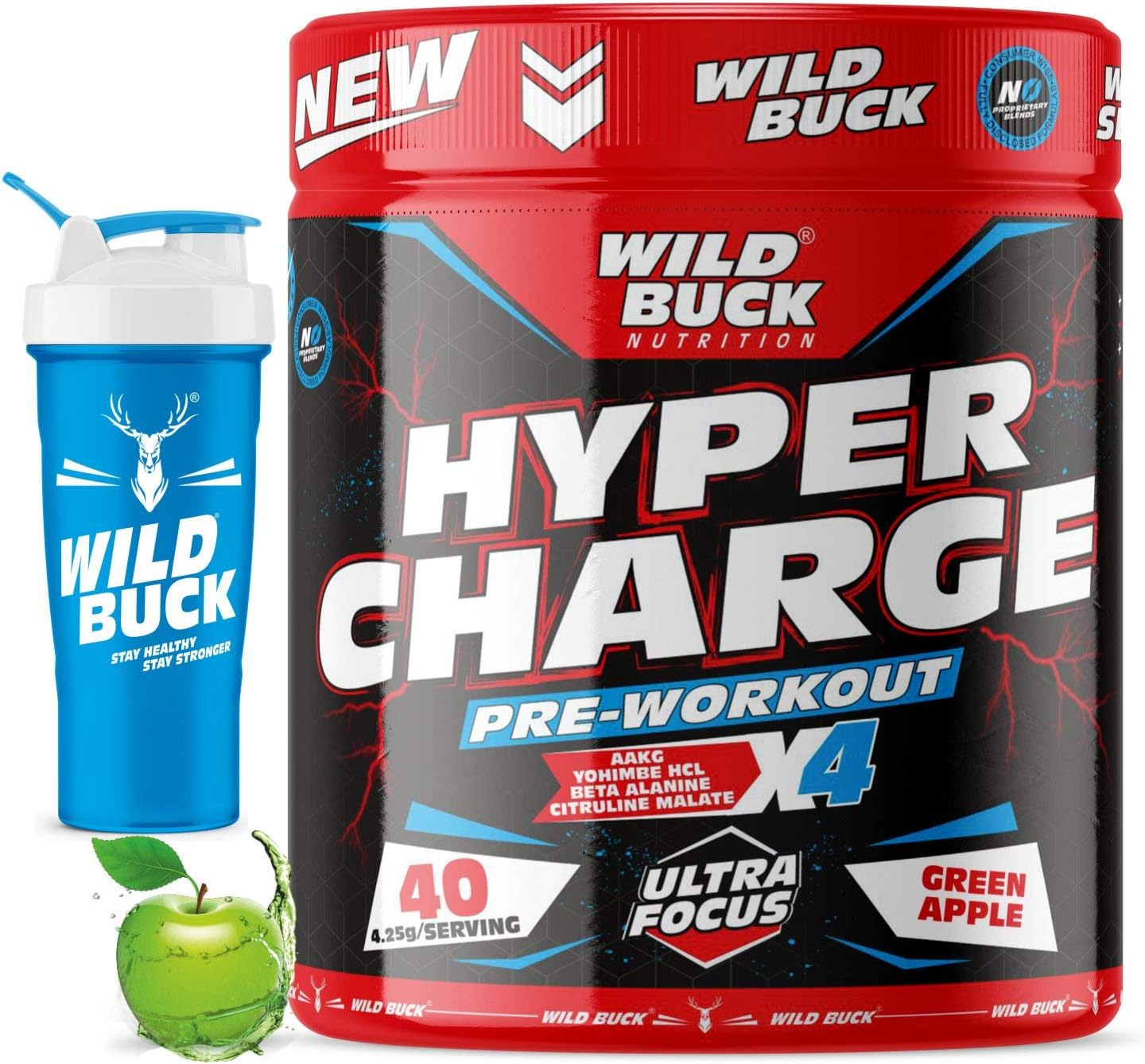 Hyper Charge Pre-X4 Hardcore Pre-Workout Supplement with Creatine Monohydrate, Arginine AAKG, Beta-Alanine, Explosive Muscle Pump -For Men & Women [40 Servings, Green Apple] Free Shaker