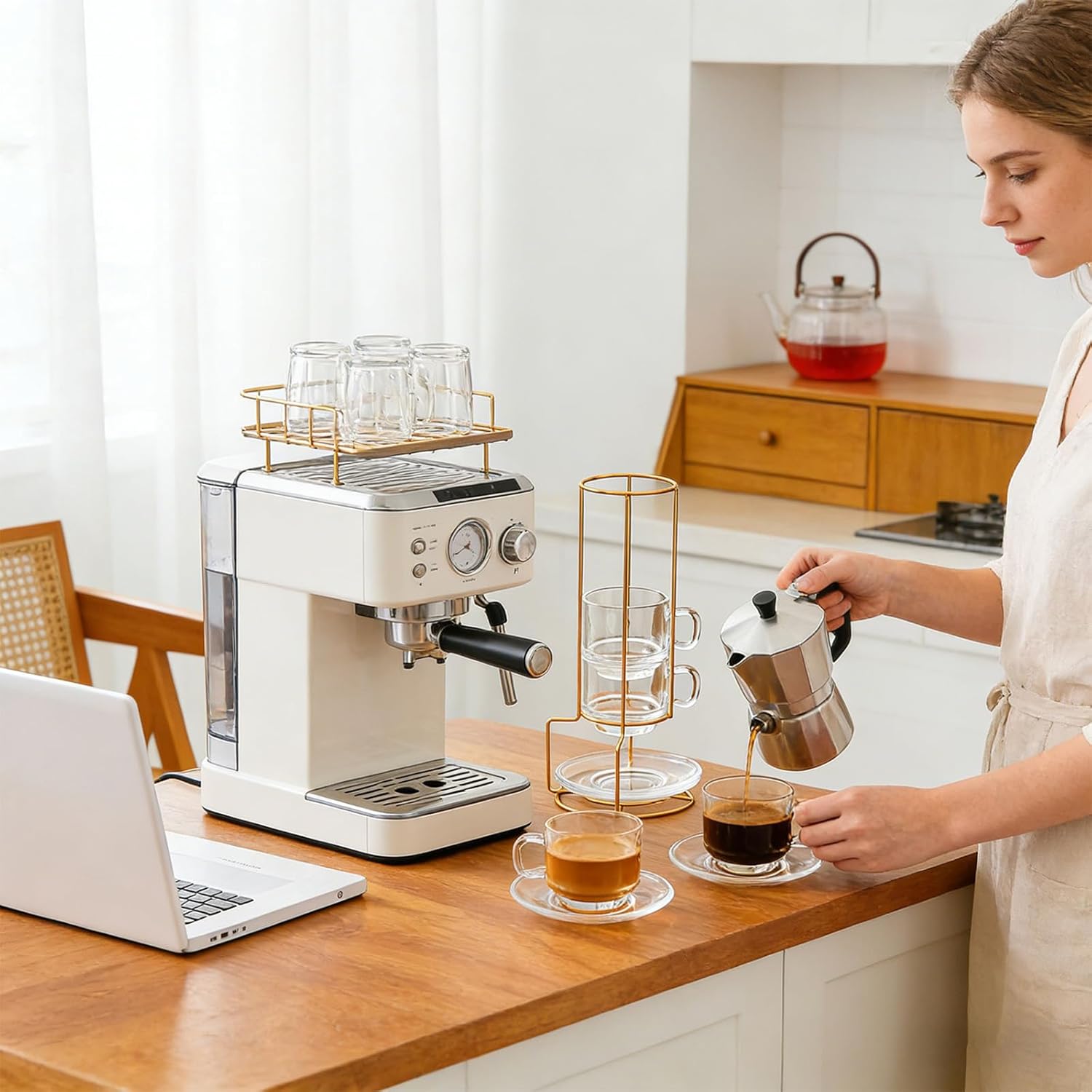 Clear Glass Coffee Cup Set with Display Stand Ideal for Small Areas Elegant Glass Coffee Cup and Saucer Set with Display Stand