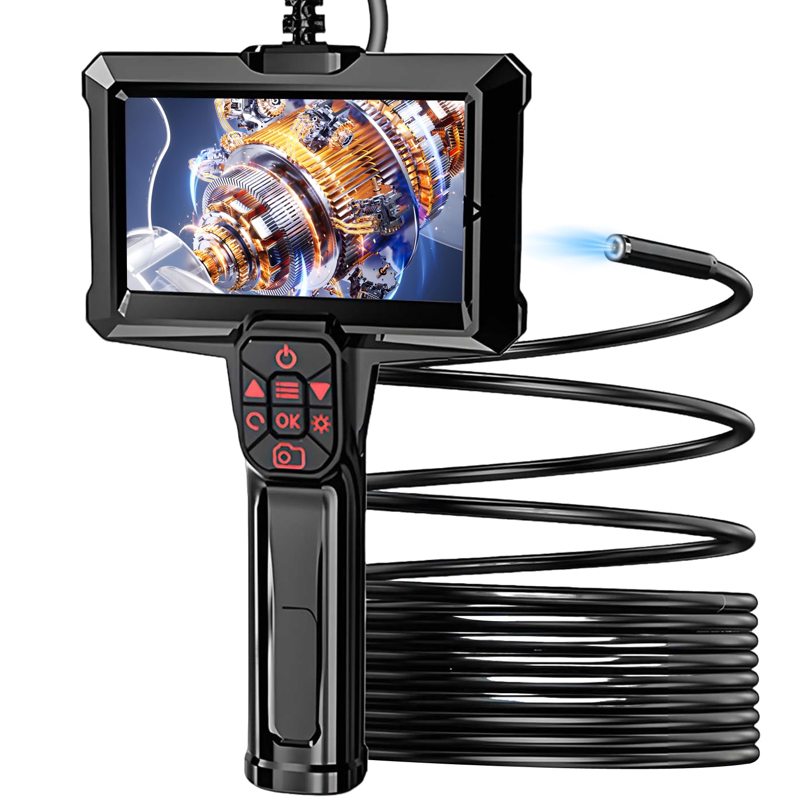Cámara de inspección endoscópica industrial con lente impermeable de 8 mm, 8 luces LED, cable semirrígido, endoscopio de mano con accesorios para automóviles, fontanería, HVAC (10 m)