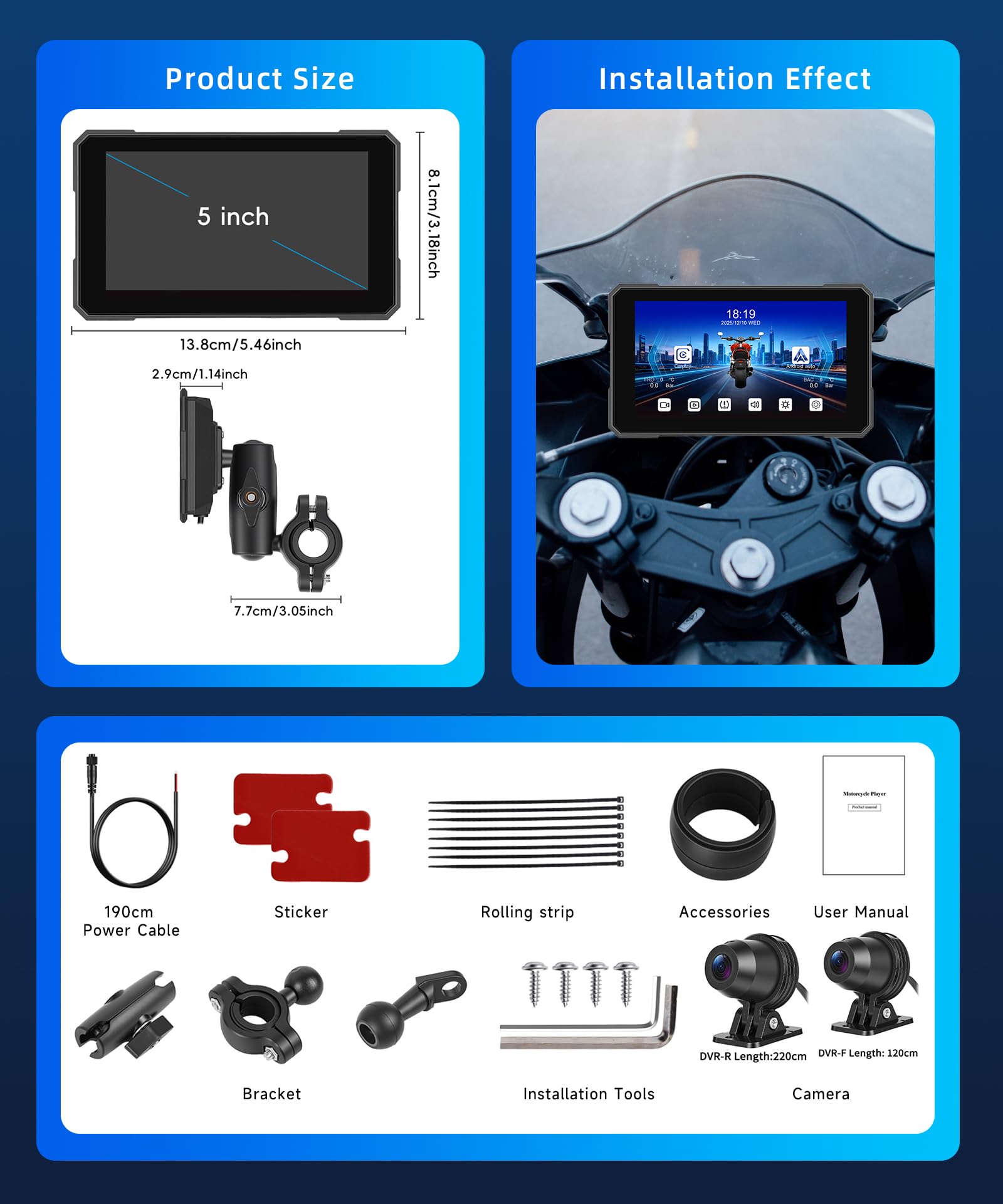 Rimoody Portatile Wireless Carplay Display Motociclo con Dashcam 2 Telecamera Fronte e Retro, 5 Pollici Touchscreen Carplay Android Auto Schermo per Motorbike con App/Bluetooth/IP68 étanche/GPS Navi