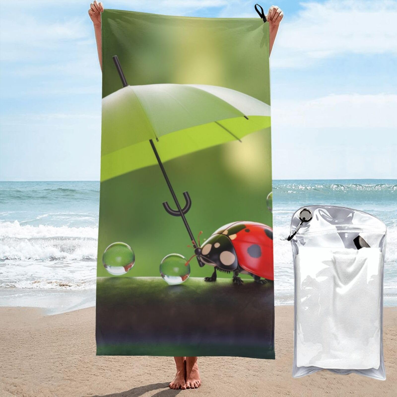 BWWHCCTI Adorable Ladybug With Umbrella Printed Microfiber Quick Dry Beach Towel 80x160 CM, Fast Drying Bath Towels with Bags for Travel,Camping,Gym,Beach,Swimming,Yoga