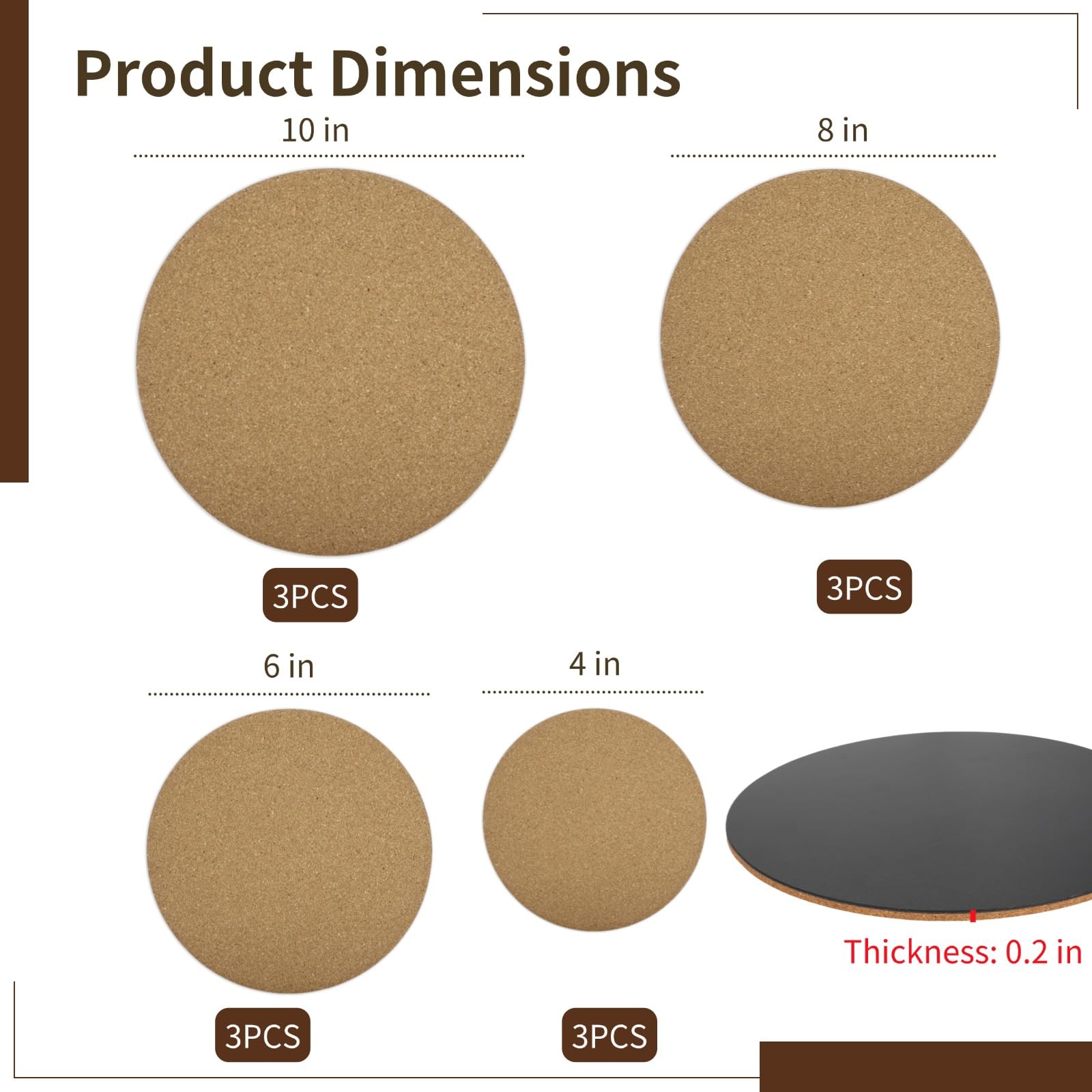 Kork-Blumentopfmatten, runde Pflanzpads in 10,2 cm, 15,2 cm, 20,3 cm und 25,4 cm, saugfähige, rutschfeste Untersetzer, Möbel- und Tischschutz für Innengrüne, Garten und Bastelprojekte, 12