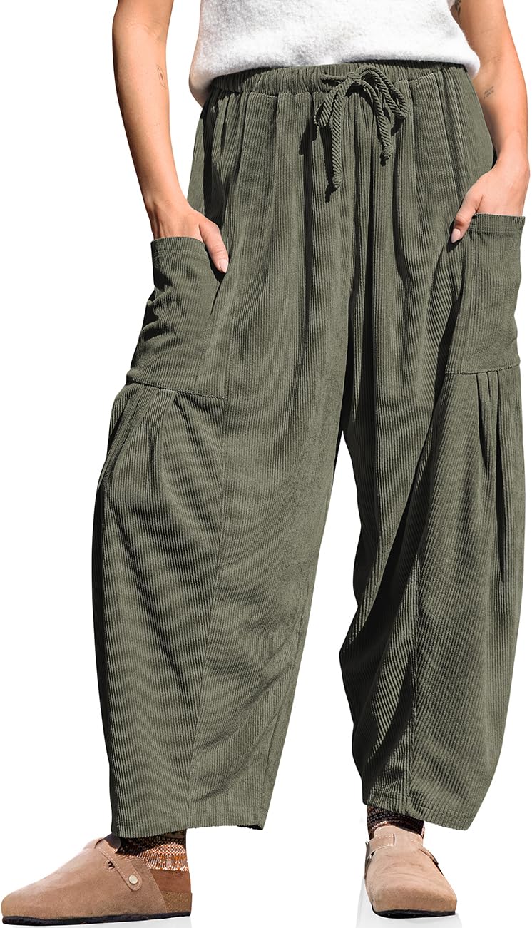 TARSE Womens Corduroy Pants Barrel Casual Loose Baggy Drawstring Wide Leg Palazzo Harem Pants with Pockets