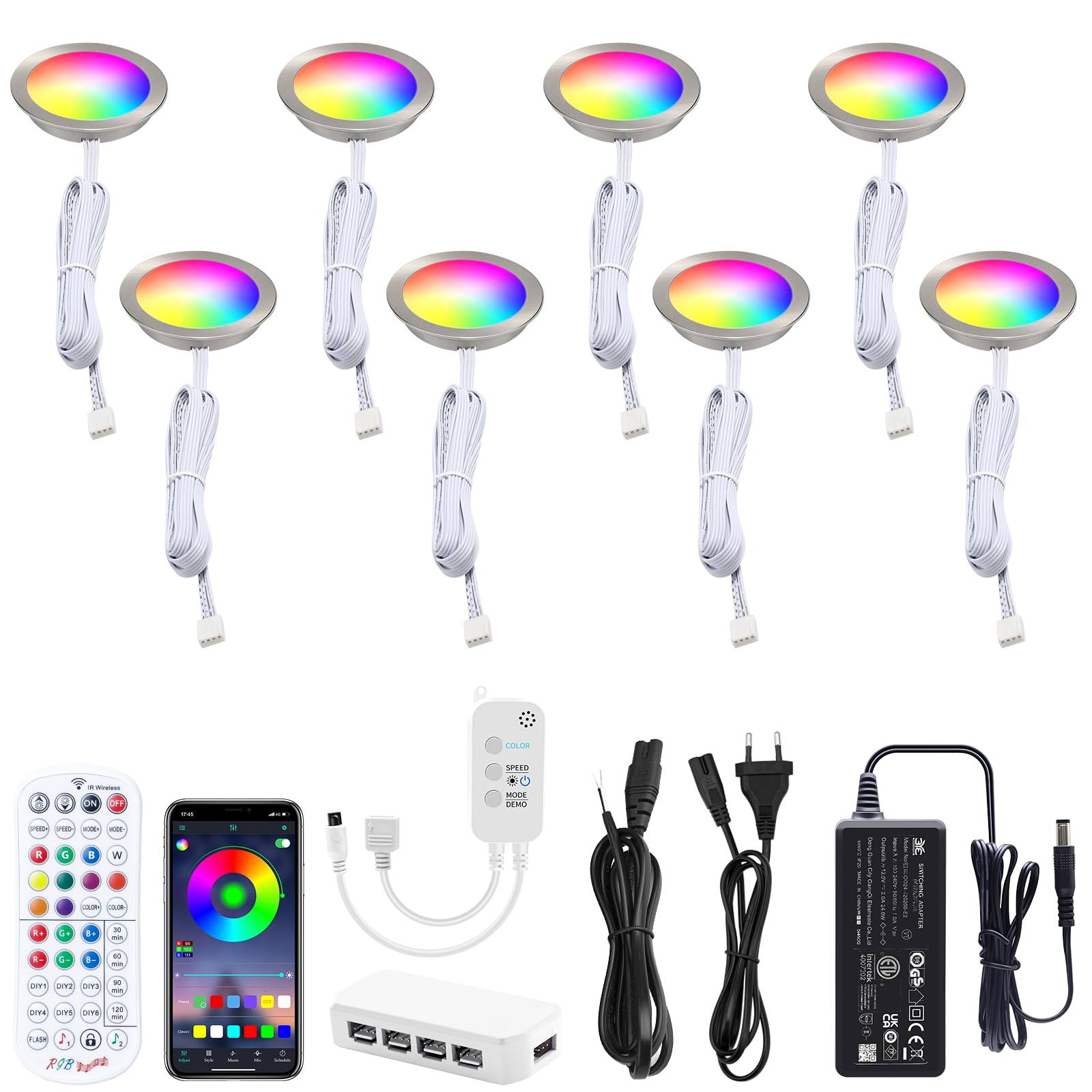 AIBOO Faretto da incasso RGB da cucina, a LED, cambia colore, 8 pezzi, con telecomando, faretto da incasso dimmerabile, con app, ultra piatto, illuminazione a LED per cucina, soggiorno