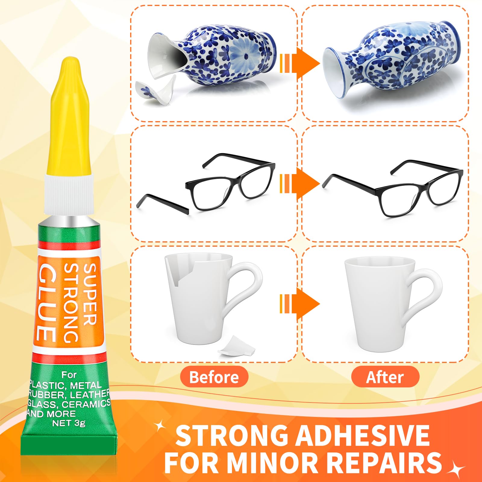 12 x 3 g Super Glue, pegamento fuerte, pegamento de cianoacrilato, pegamento de secado instantáneo; Super Liquid Glue, Clear, Instant Bond, Quick Dry