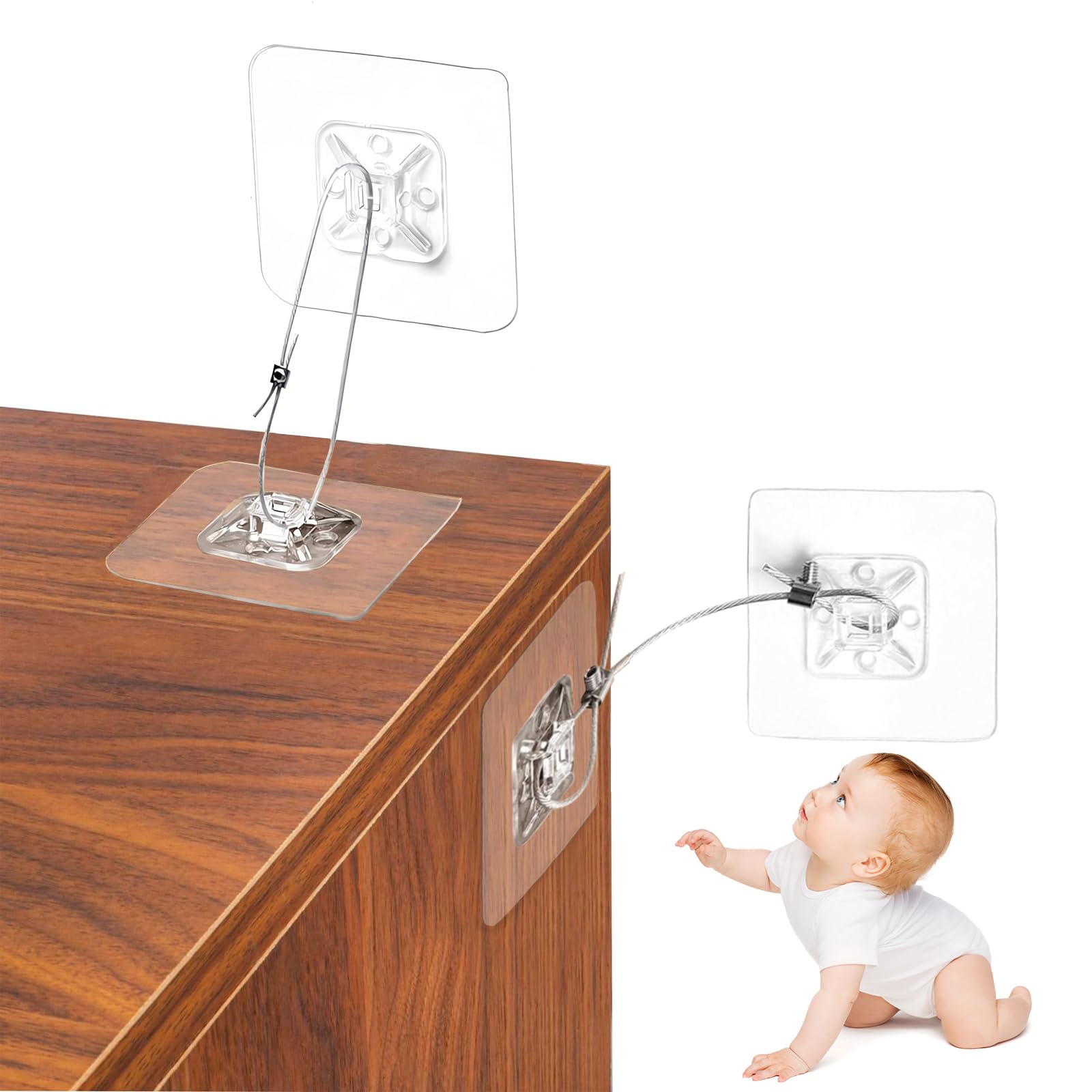 10 Pack No Drill Metal Furniture Anchors Kit for Baby Proofing, Adhesive TV Safety Straps Use to Prevent Falling and Anti Tip Furniture Wall Safety