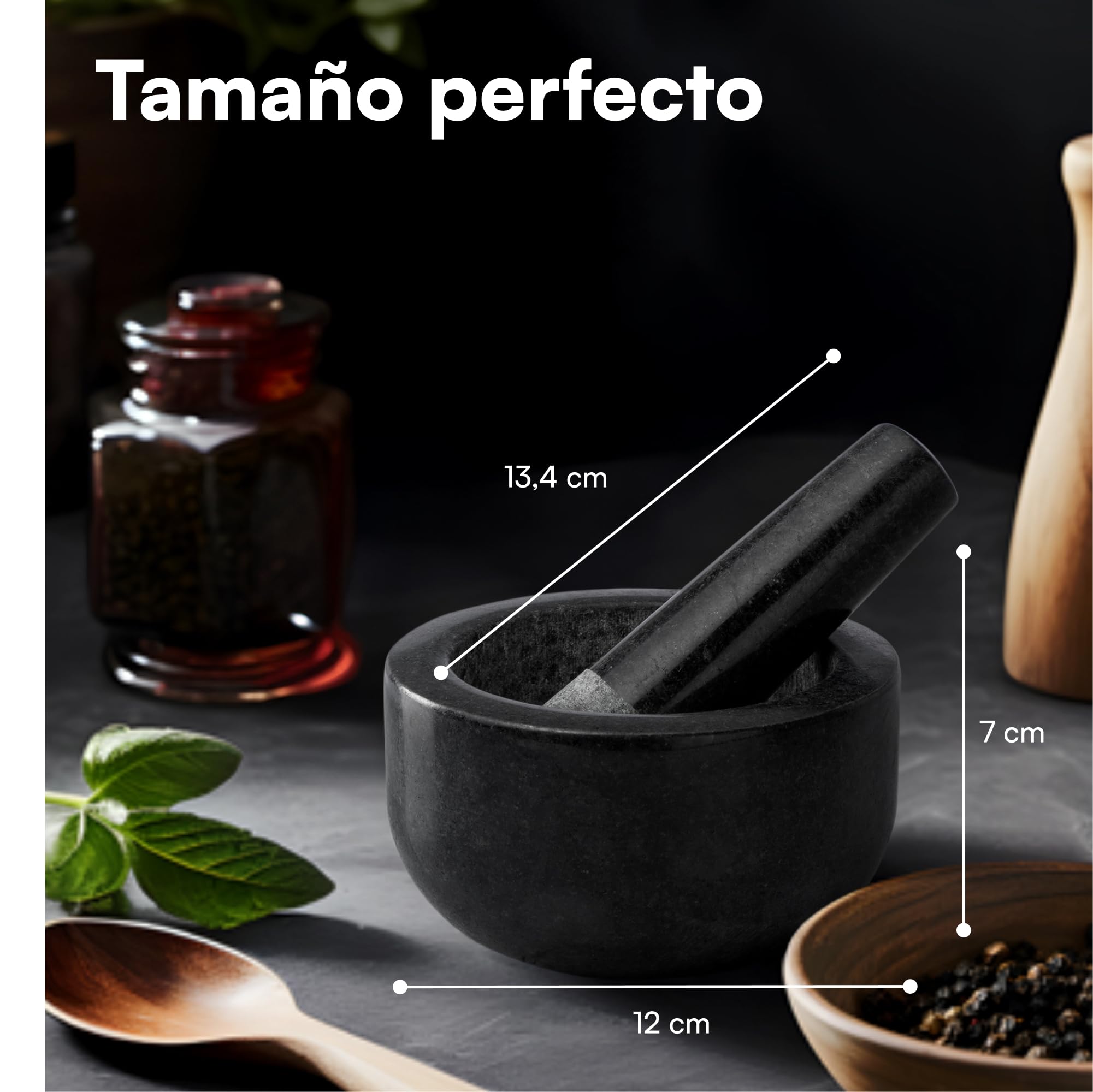 H&S Set de Mortero - Mortero Cocina de Piedra Maciza de Granito Negro para Machacar y Triturar Especias - Set Molcajete Grande de Cocina para Moler - Mortero Piedra Negra