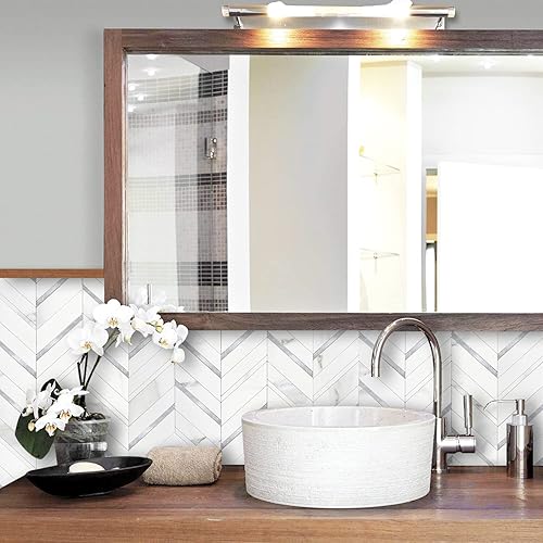Vista 71 de STICKGOO Azulejos de espiga de 10 hojas para despegar y pegar, mármol Calacatta mezclado con PVC dorado claro en muro, azulejos de pared Calacatta