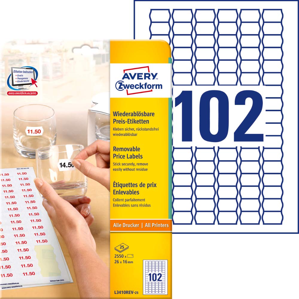 Avery ZweckformL3410REV-10 Self-Adhesive Removable Price/Pricing Labels, 102 Labels Per A4 Sheet