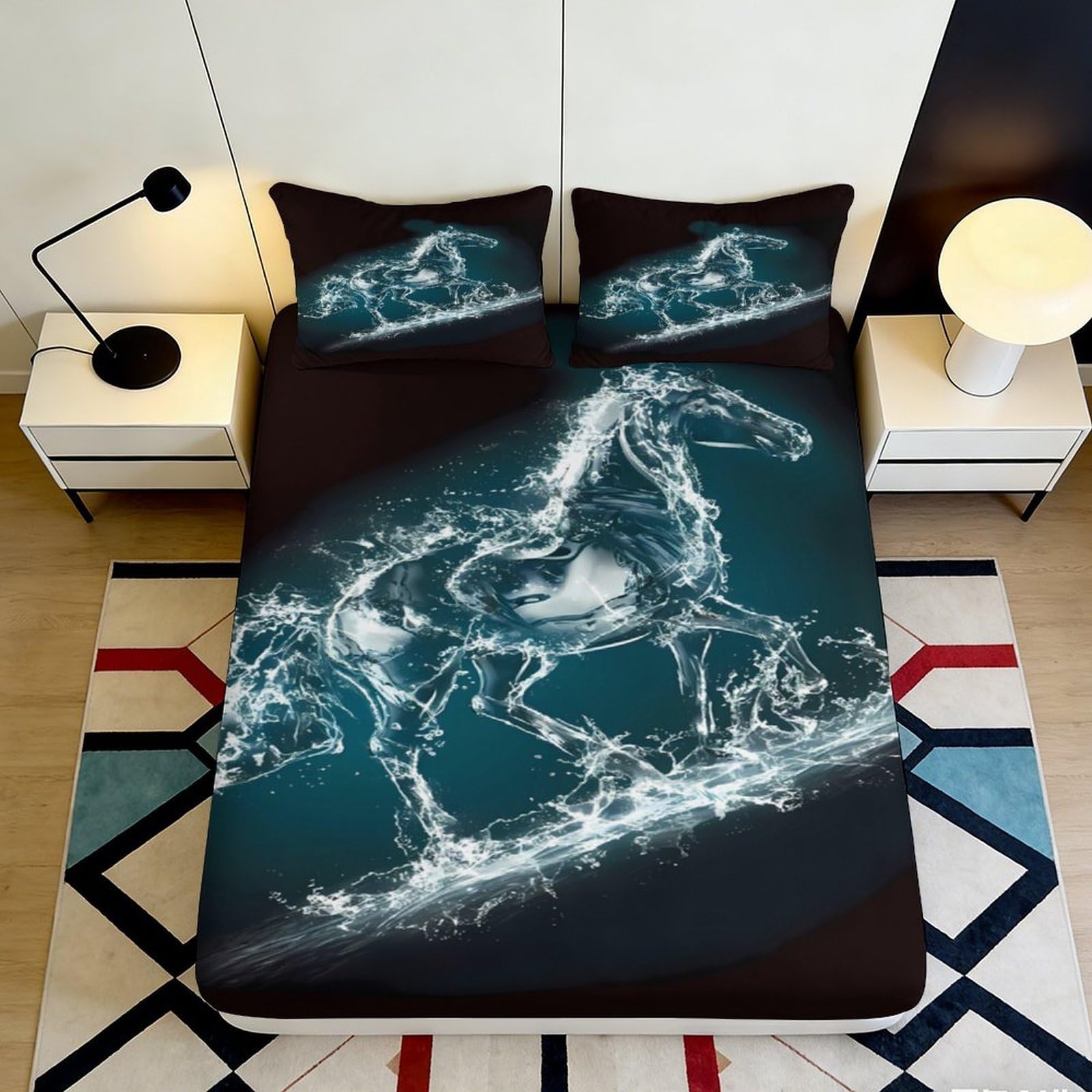 Uynsixtme Style-2 3D Printed Flowing Horse Fitted Sheet Microfiber Deep Pocket Non-Slip Bedroom Bedding Flowing Horse Mattress Fitted Cover Fully Wrap For Adults Teens 200X200x25cm