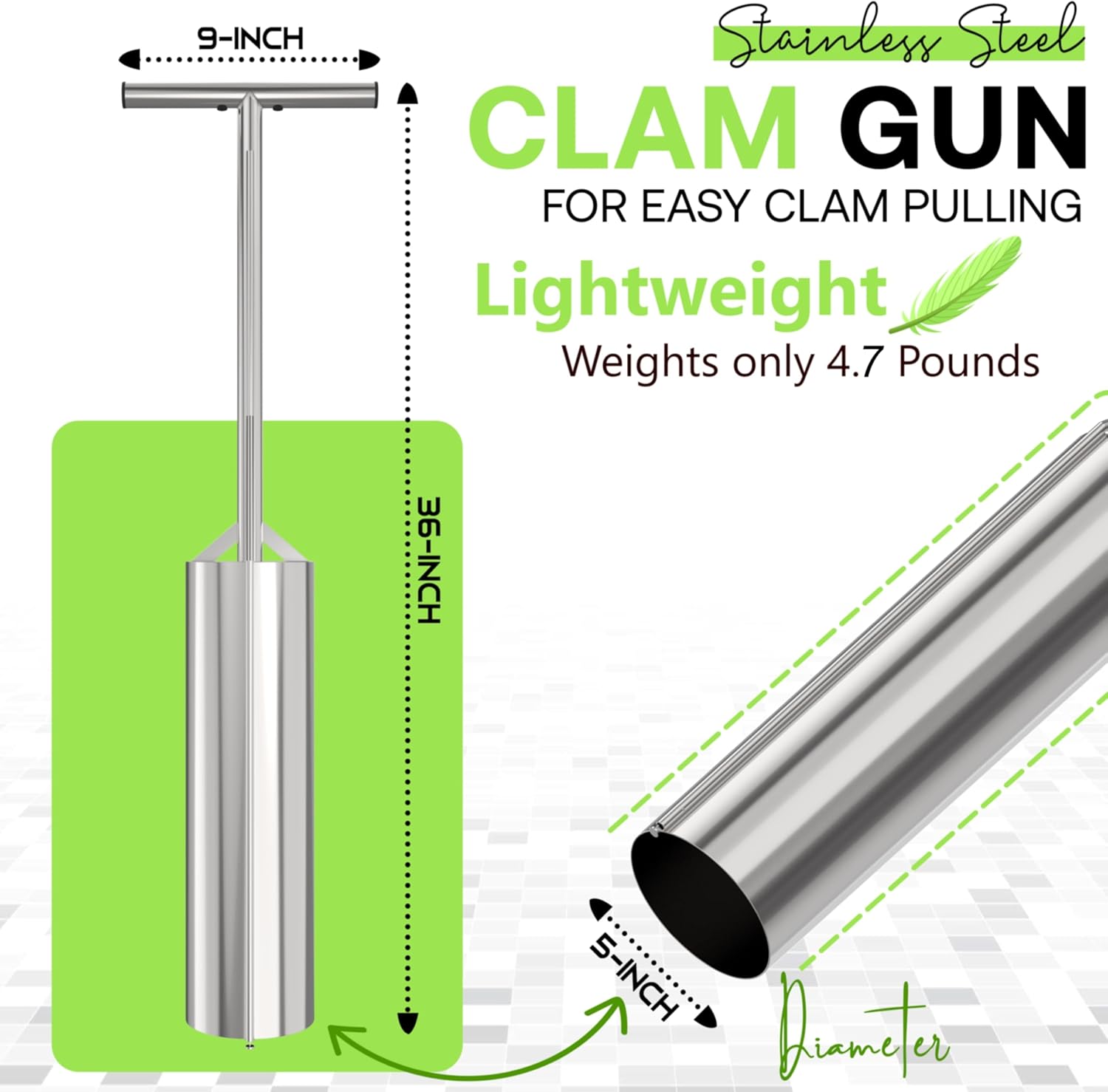 SturdyShape Clam Gun for Clamming Stainless Steel with Vent V4 36 Inch and 5 Inch Tube Diameter HD for Recreational Clam Diggers & Harvesters (V4 36inch)
