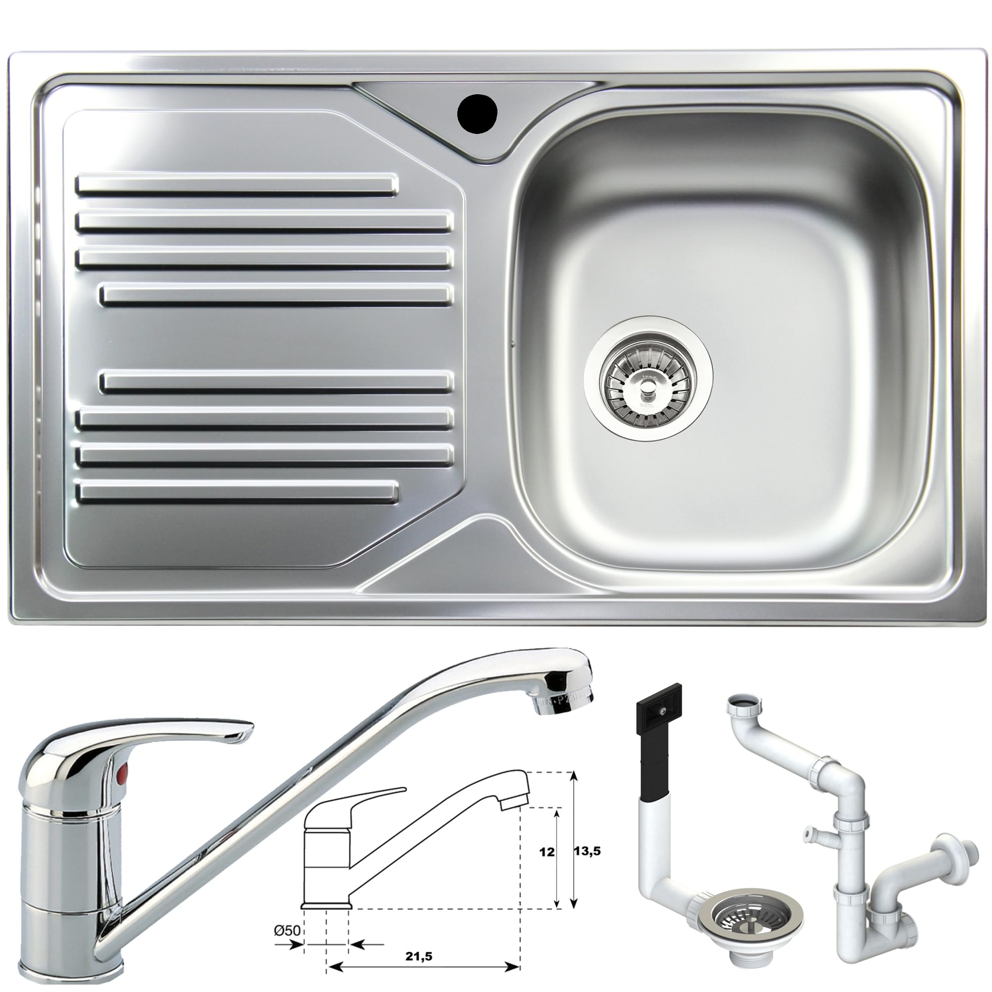 Lavello Cucina 1 Vasca Destra con Gocciolatoio Sinistro cm. 86 X 50 Acciaio Inox e Miscelatore