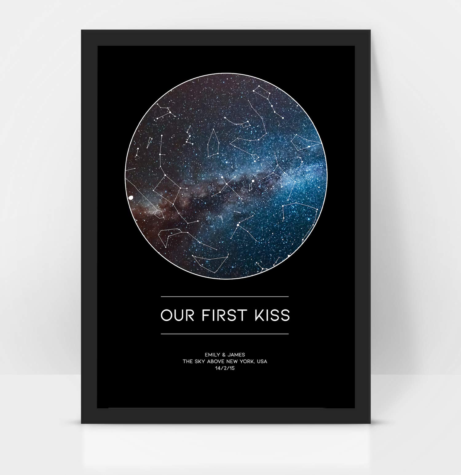 Forefrontdesigns White Personalised Our First Kiss Custom Star Map Chart Astronomical Poster Print, Framed/Unframed