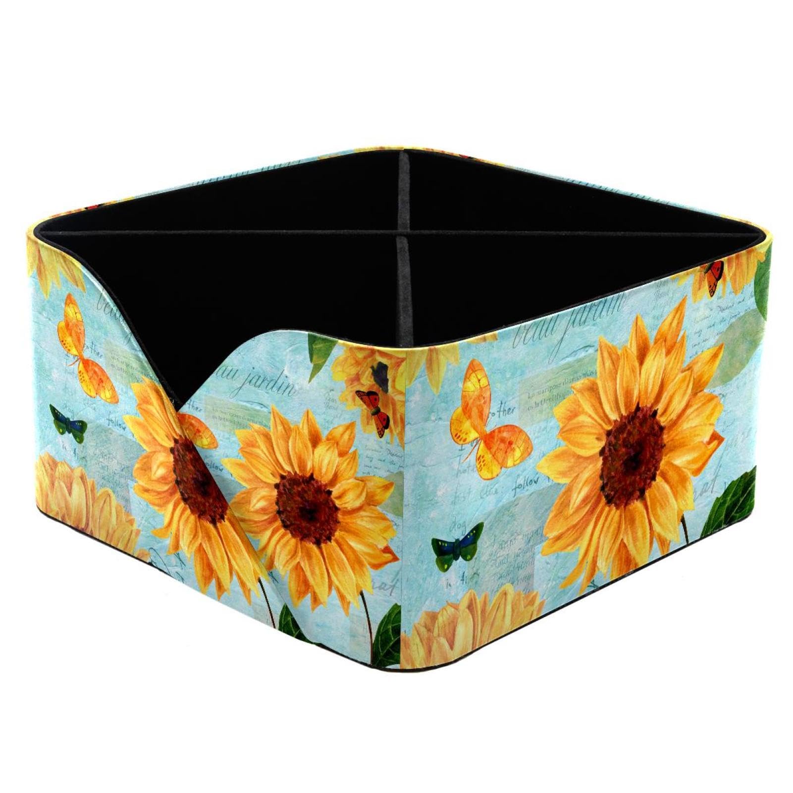 KengjuTesu Vintage Sunflowers Butterflies Watercolor Pattern Desktop Organizer Pen Holder, Rectangular Pencil Cup for Office, Study and Makeup Stations
