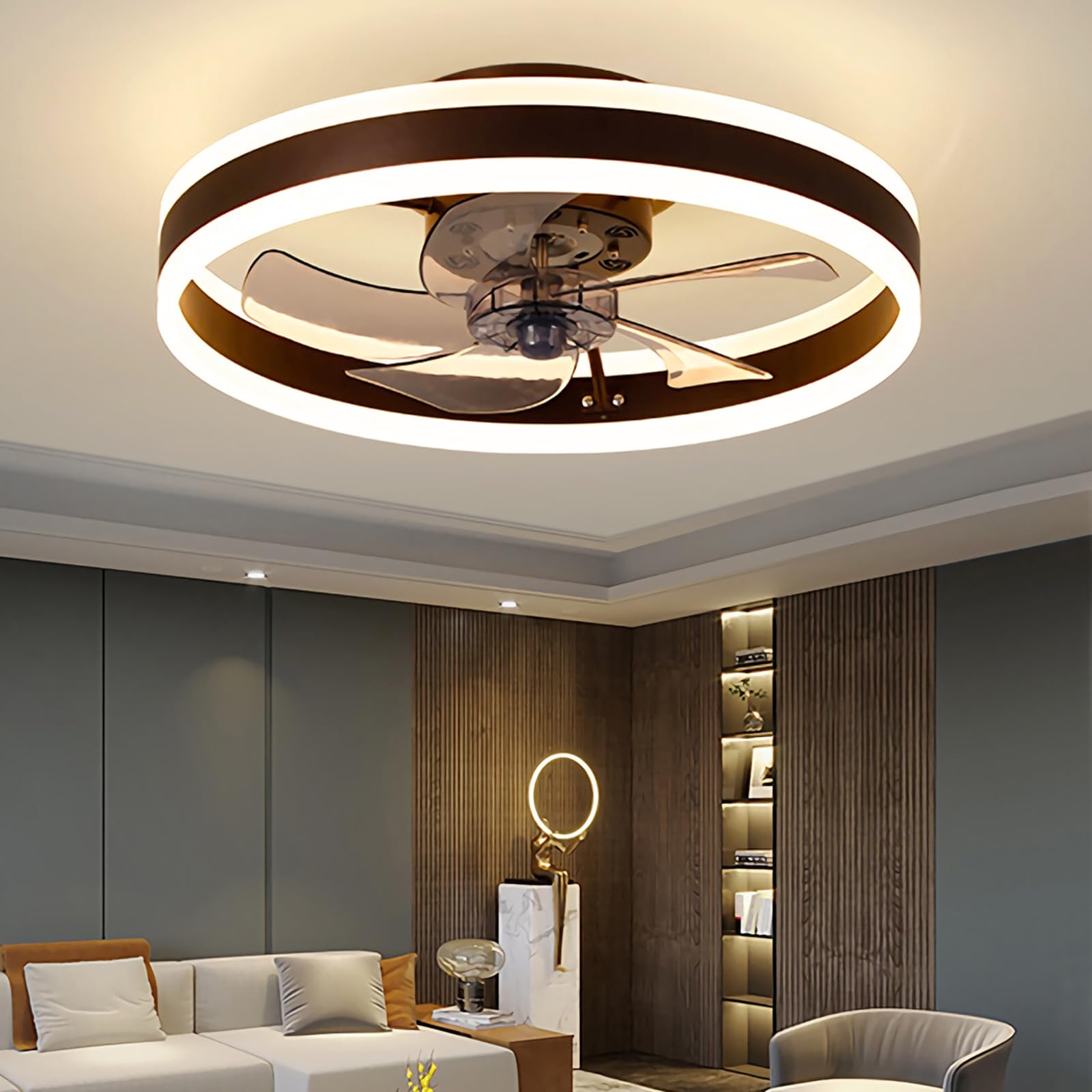 Cichy Wentylator sufitowy ze światłem i zdalne sterowanie, LED 60W Lampa sufitowa Nowoczesny Niski profil Wentylatory sufitowe dla Salon Sypialnia Oświetlenie, 6 prędkości (brązowy, 50CM)