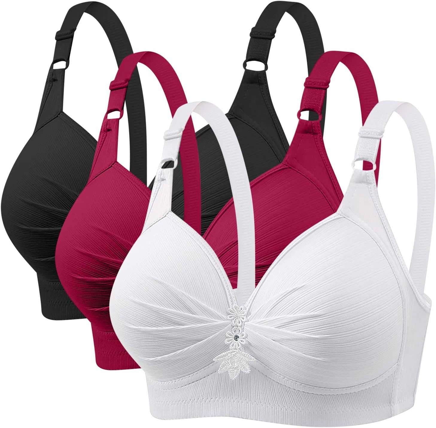 3 Pack Bras for Women Multipack Full Coverage Non Wired Push Up Everyday Bra No Underwire Bralets Ladies Wireless Wide Straps Bralettes Adjustable Comfort Underwear Padded Bra Plus Size