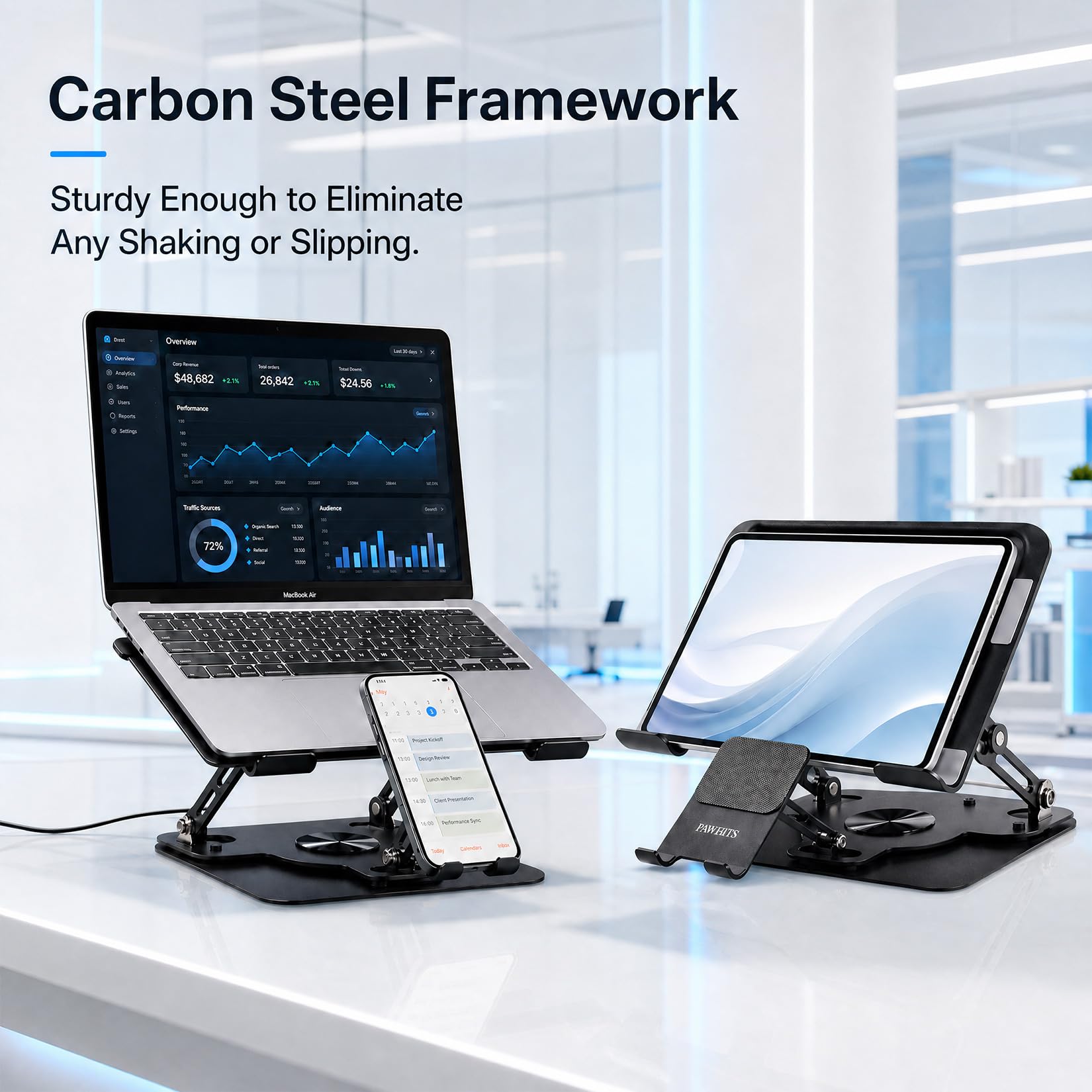 Base di raffreddamento per laptop con ventola e raffreddamento staccabili, supporto regolabile 2 in 1 per laptop e telefono, base girevole a 360°, struttura in acciaio al carbonio per laptop
