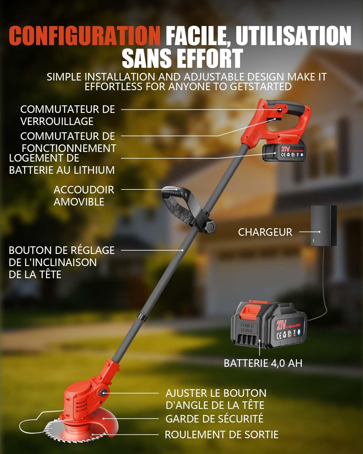 Débroussailleuse Électrique sans Fil 850W Brushless, 2 Batteries 4.0Ah, 4 Lames, Coupe-Bordure Jardin