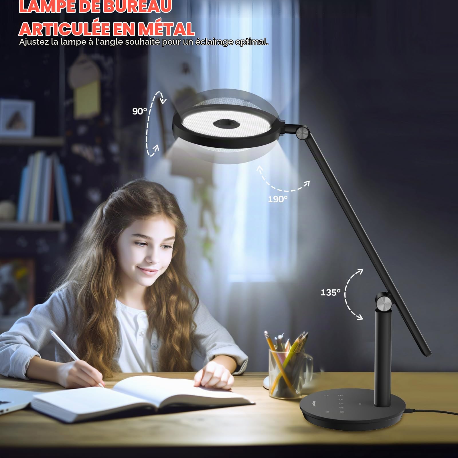 Honeywell H6 Lampe De Bureau LED, Lampe Lecture Variable Pour Bureau, Noir | Sunturalux CRI≥97, RG0 lumière bleue faible, sans scintillement, 800LM variable visioconférence, étude, bureau et chambre