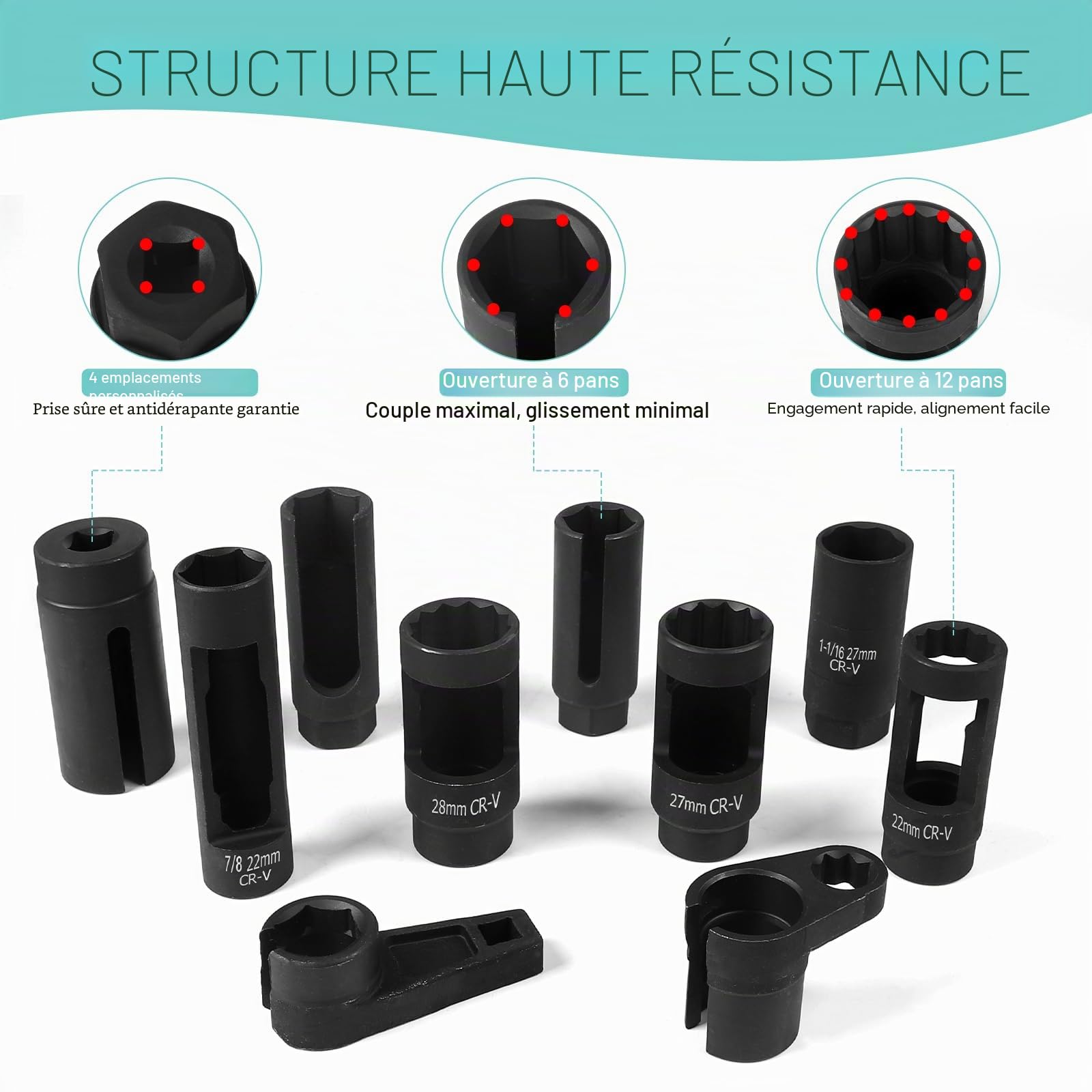 Lot de 10 clés à douille pour sonde lambda - Avec écrou de sonde lambda de 22 mm et 27-29 mm et clé à vis pour capteur d'oxygène de 7/8" - Outil de sonde lambda (10 pièces)