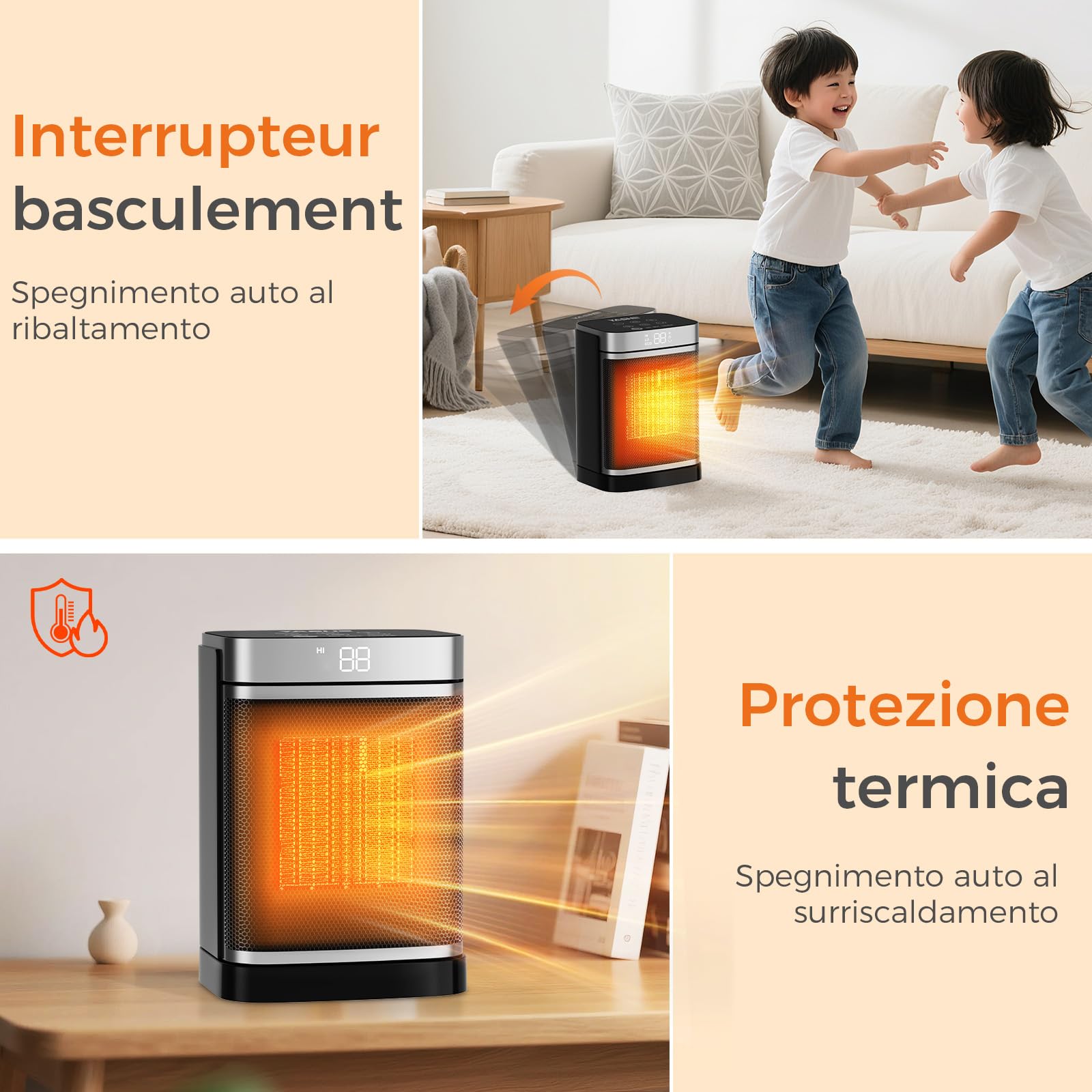 YASHE Termoventilatore a risparmio energetico 1500W in ceramica PTC, oscillante a 70°, con termostato, telecomando, 34 dB silenzioso, protezione da surriscaldamento e ribaltamento, timer 1-24 ore