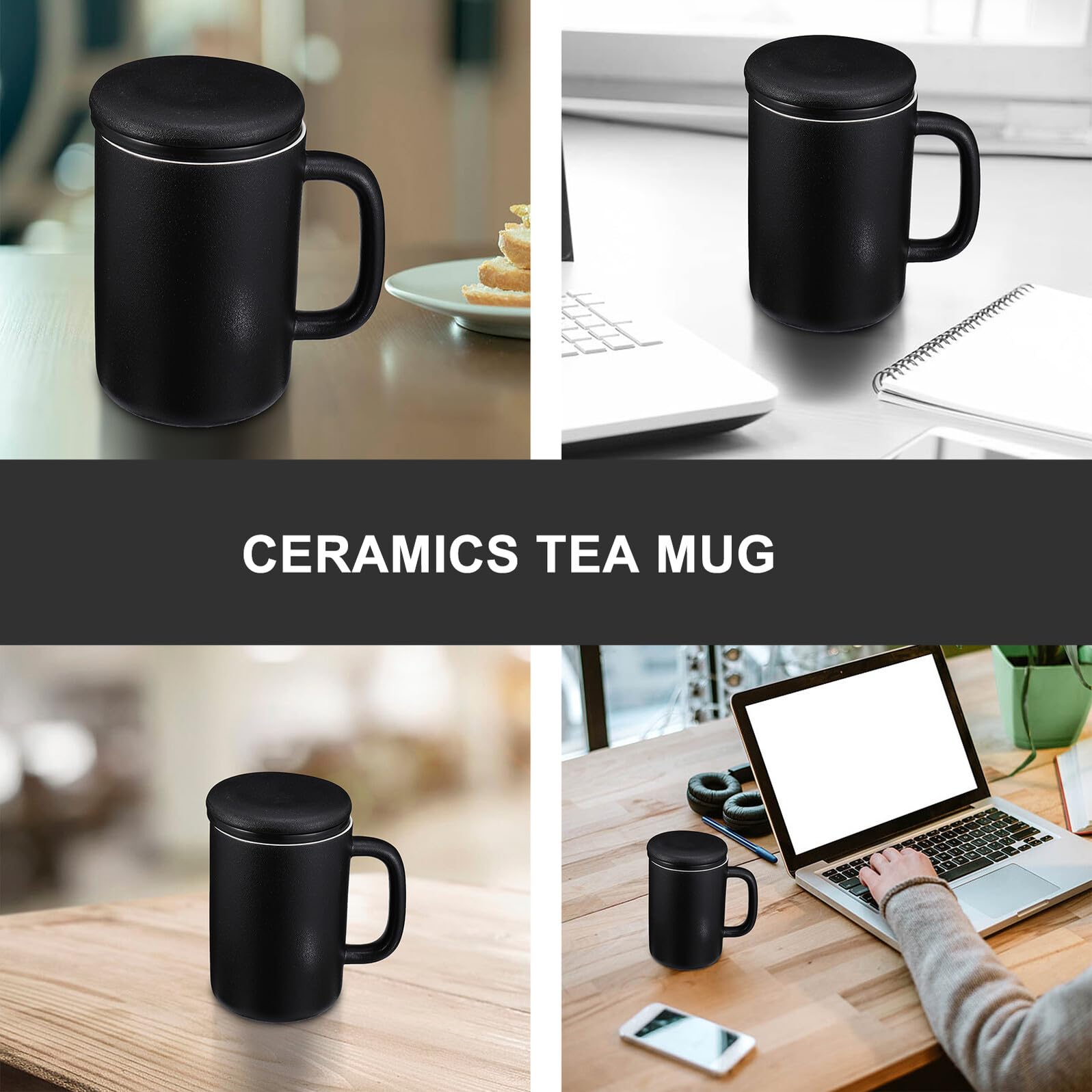 MAGICLULU 400ml Keramik Teetasse mit Teefilter und Deckel Schwarz