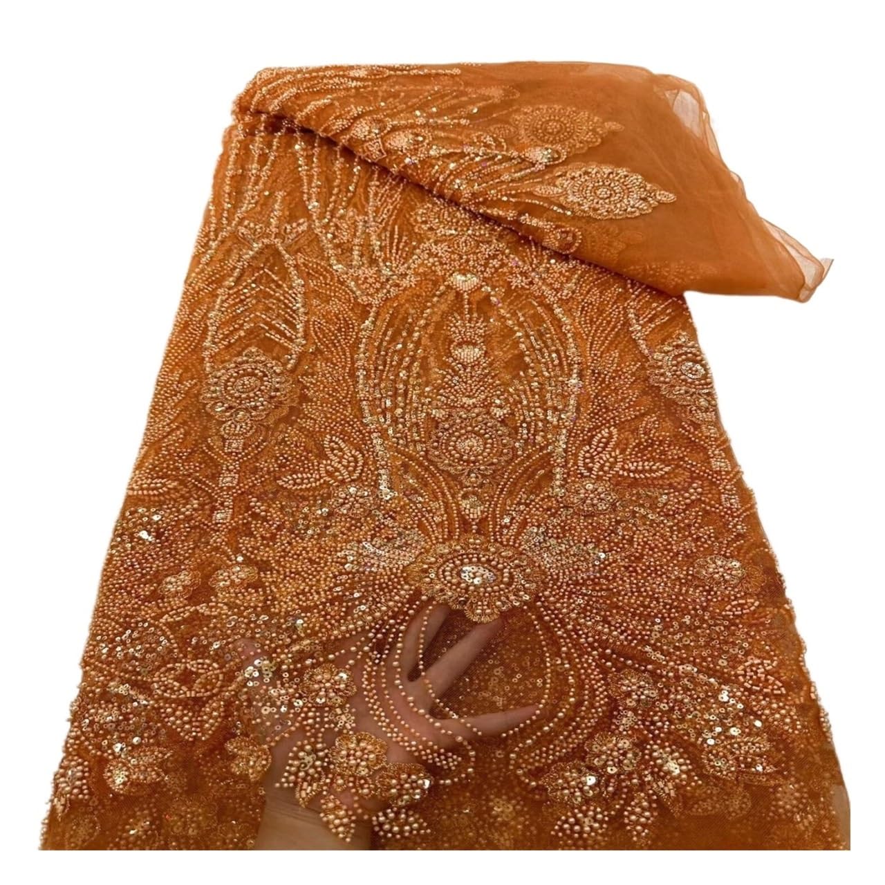 Koronkowa tkanina z grubej, cekinowej siatki koralikami 5 jardów | Tkanina koronkowa na podwórku, tkanina koronkowa, koronka, tkanina z koralikami(Orange)