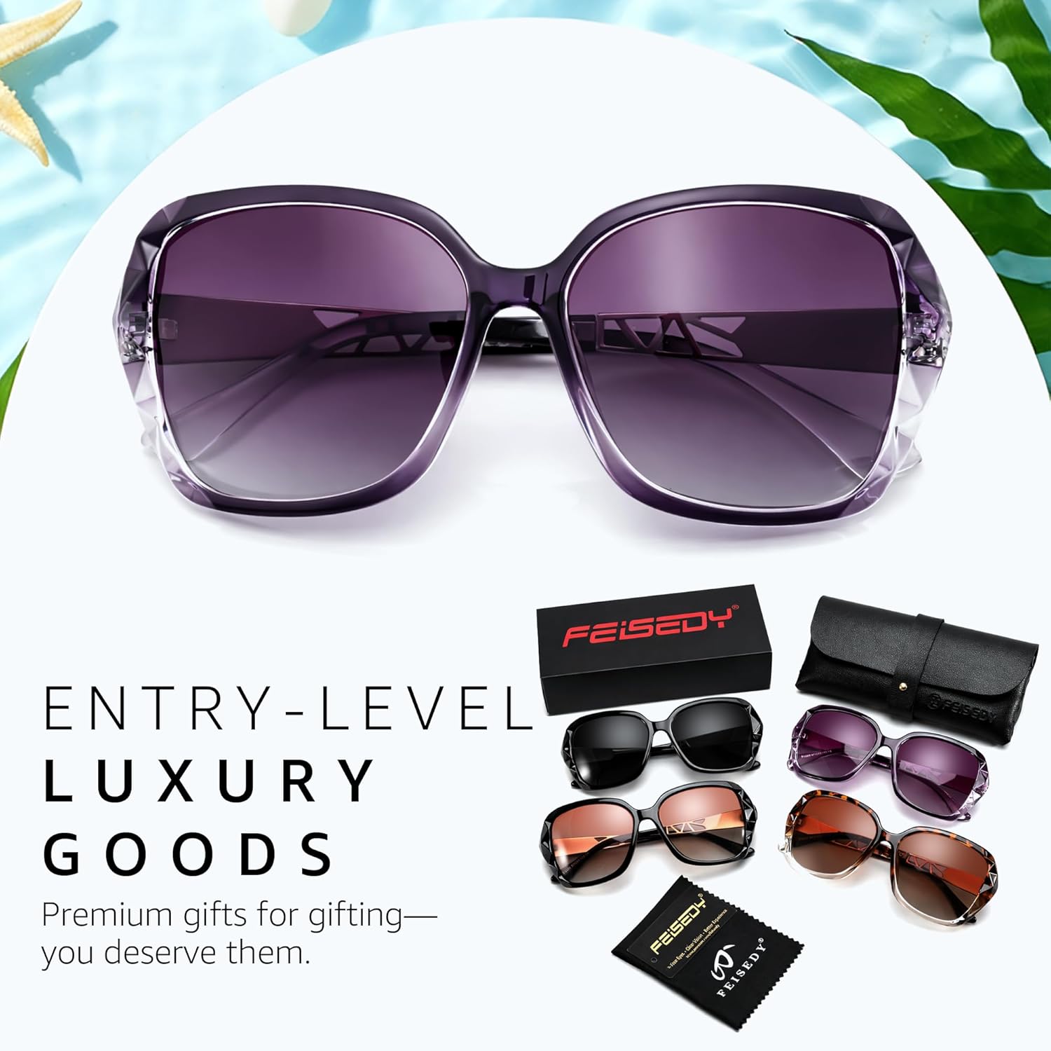 FEISEDY Polarized Women Square Sunglasses Sparkling Composite Shiny Frame B2289