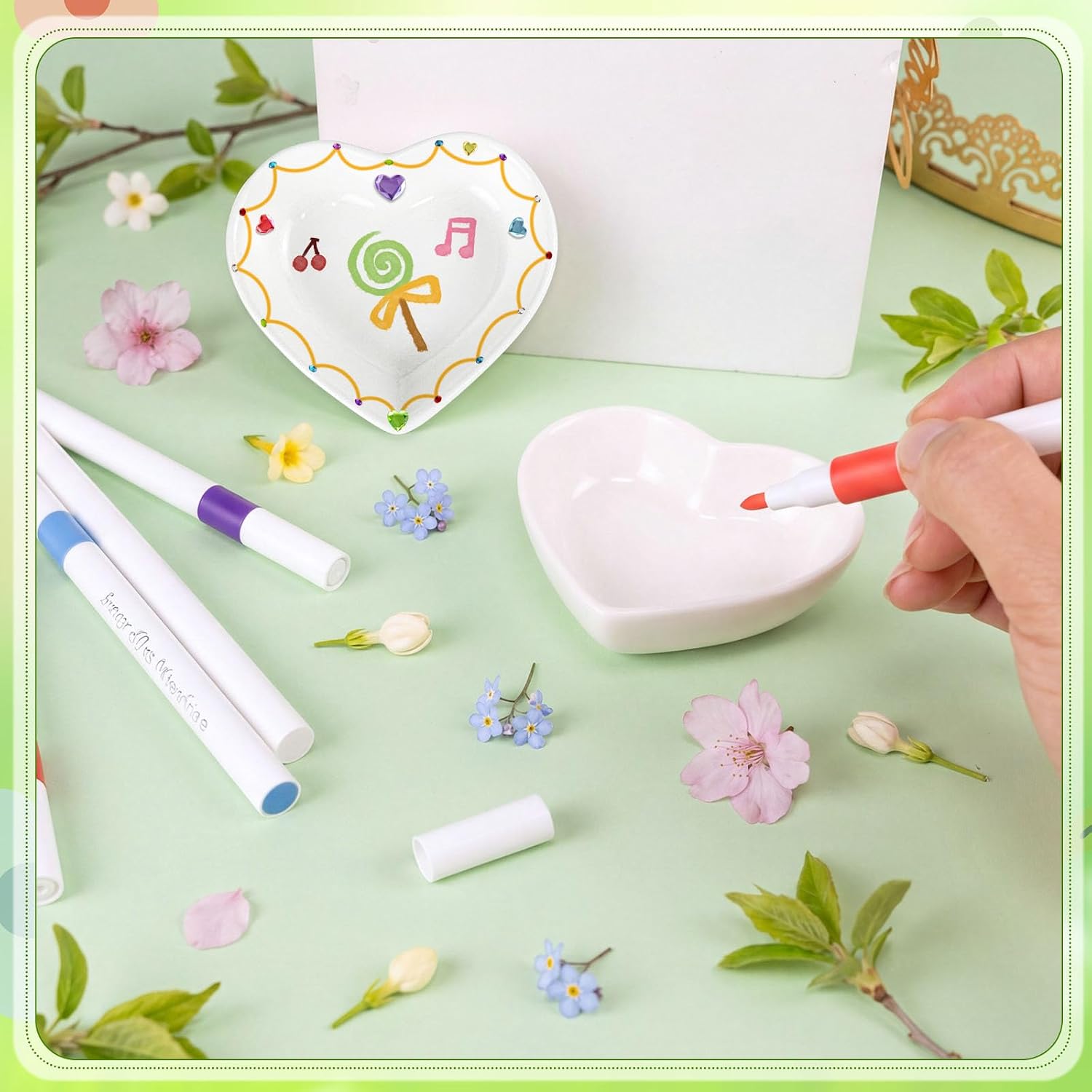 Cinrobiye 6 Set Father’s Day DIY Ceramic Heart Jewelry Tray Craft Kit, Paint Your Own Trinket Dish with Markers & Stickers for Dad Gift, Kids Craft, Family Activity & Keepsake