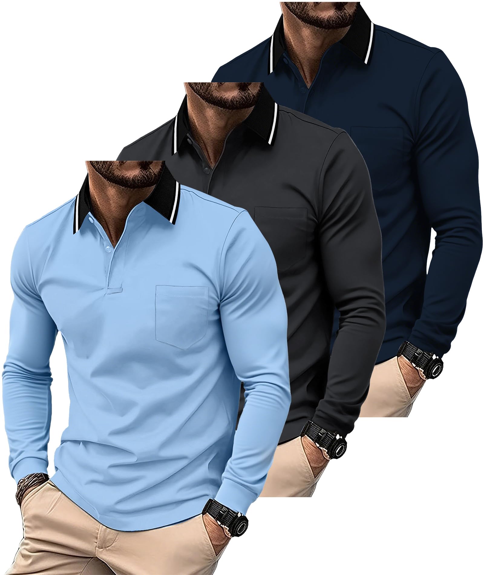 SwissWell 3 Pack Polo Uomo Maniche Lunghe Golf T-Shirt con Taschino Traspirante e Leggera