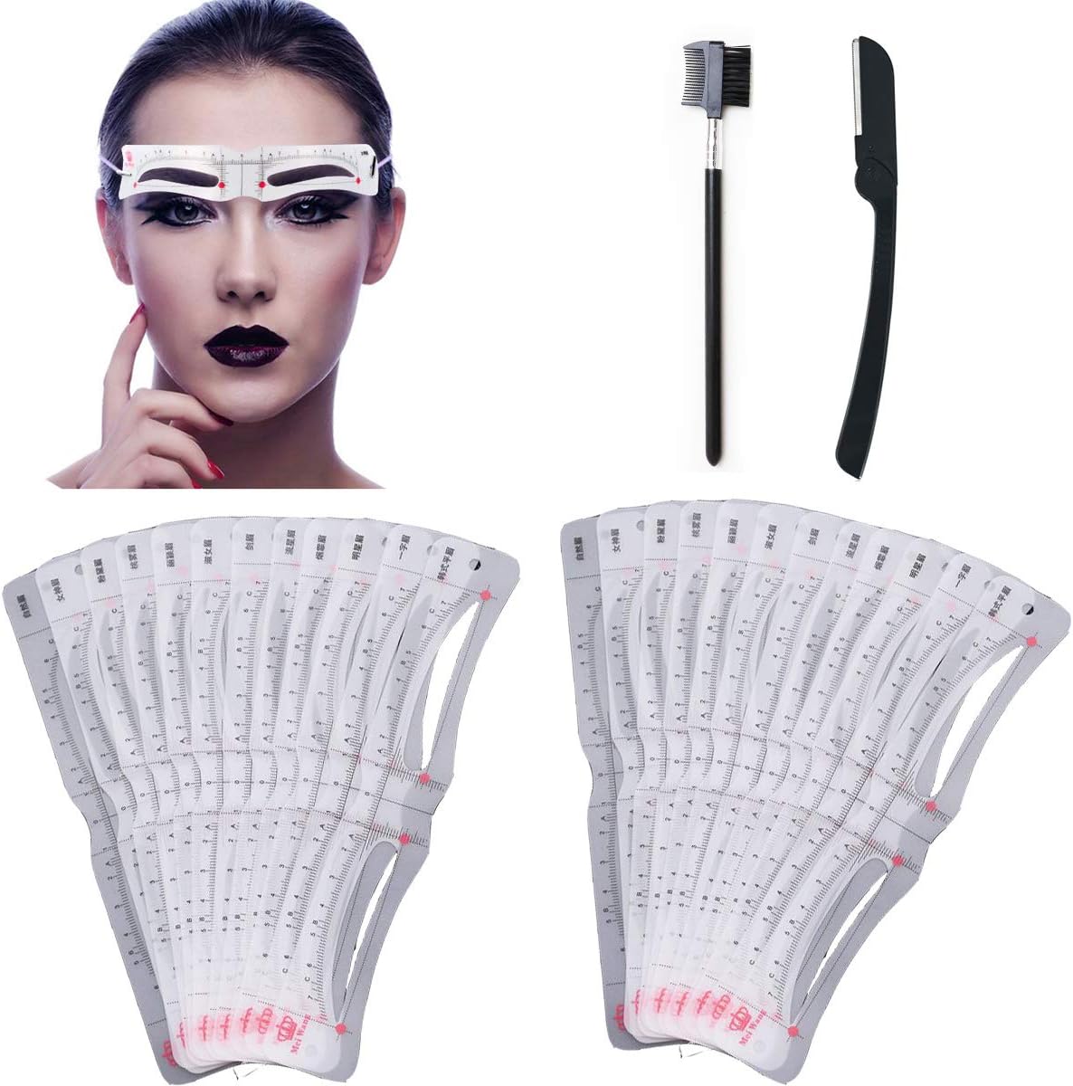 Eyebrow Stencil, 26 PCS Eyebrow ruler Set, Reusable Eyebrow Template With Strap, Eyebrow Assistant Tool Set,including 24 PCS Eyebrow Shaping Template, Eyebrow Razor,Eyebrow Brush