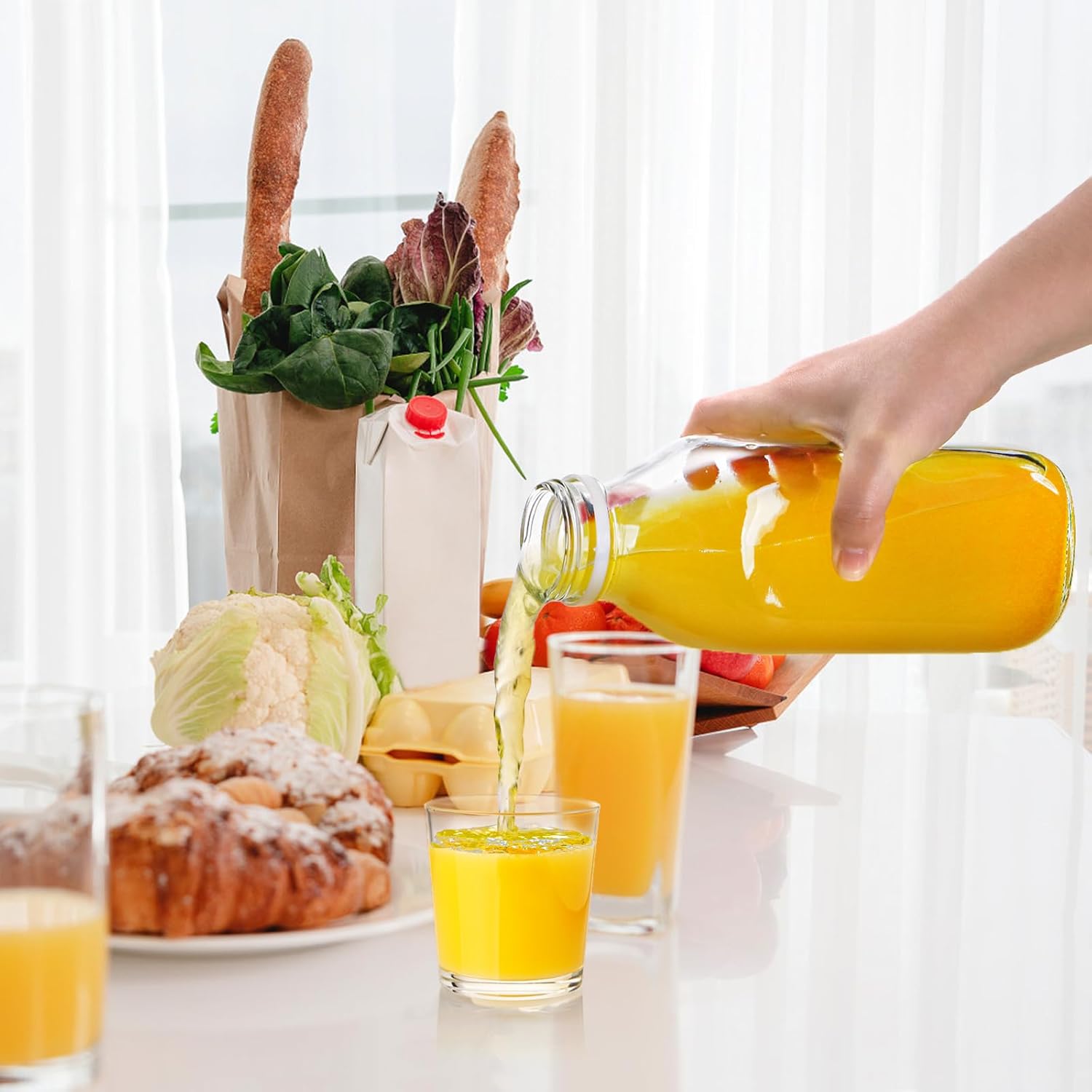 Bekith 6 Pack Liter Glass Milk Bottles with Airtight Screw Lid, 32 Oz Glass Juice Bottles, Reusable Glass Beverage Drinking Jar Juice Container for Milk, Honey, Jam (Extra 6 Lid with Silicone Gasket) - Image 6